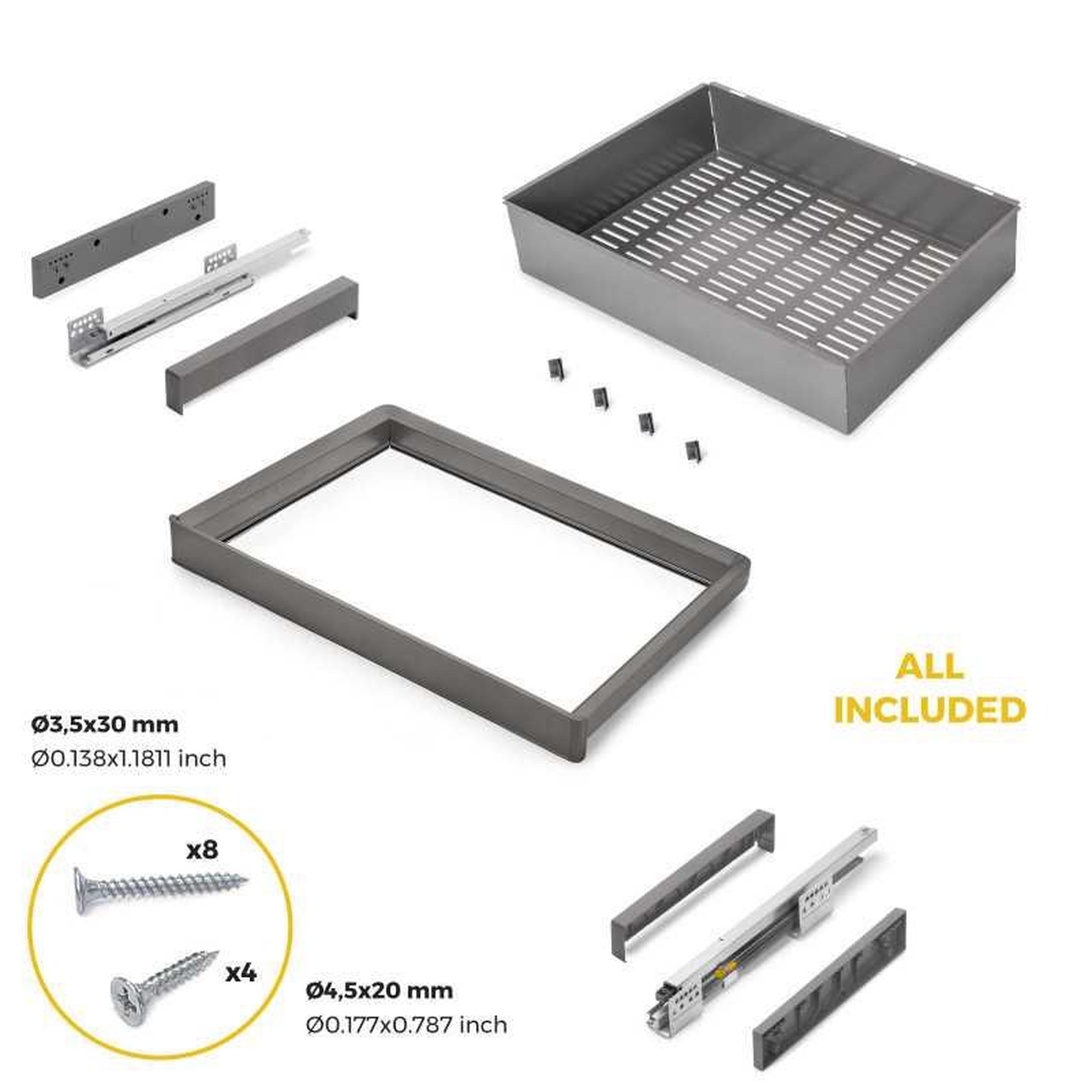 Voir la diapositive 6 : EMUCA SRL Kit panier coulissant 70 cm titane metal quartz, glissières à fermeture douce, extension totale, charge jusqu'à 30 kg
