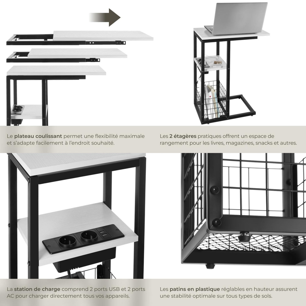tectake Table d'appoint pour ordinateur portable avec station de charge intégrée avec port USB et AC et plateau de table coulissant blanc