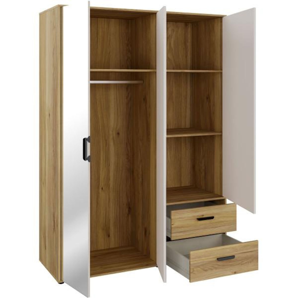 MARKET24 Armoire de chambre - MOKKARO - Décor Chene et sable - 3 portes battantes - 2 tiroirs - 2 miroirs - L144,4 x P52,7 x H200cm
