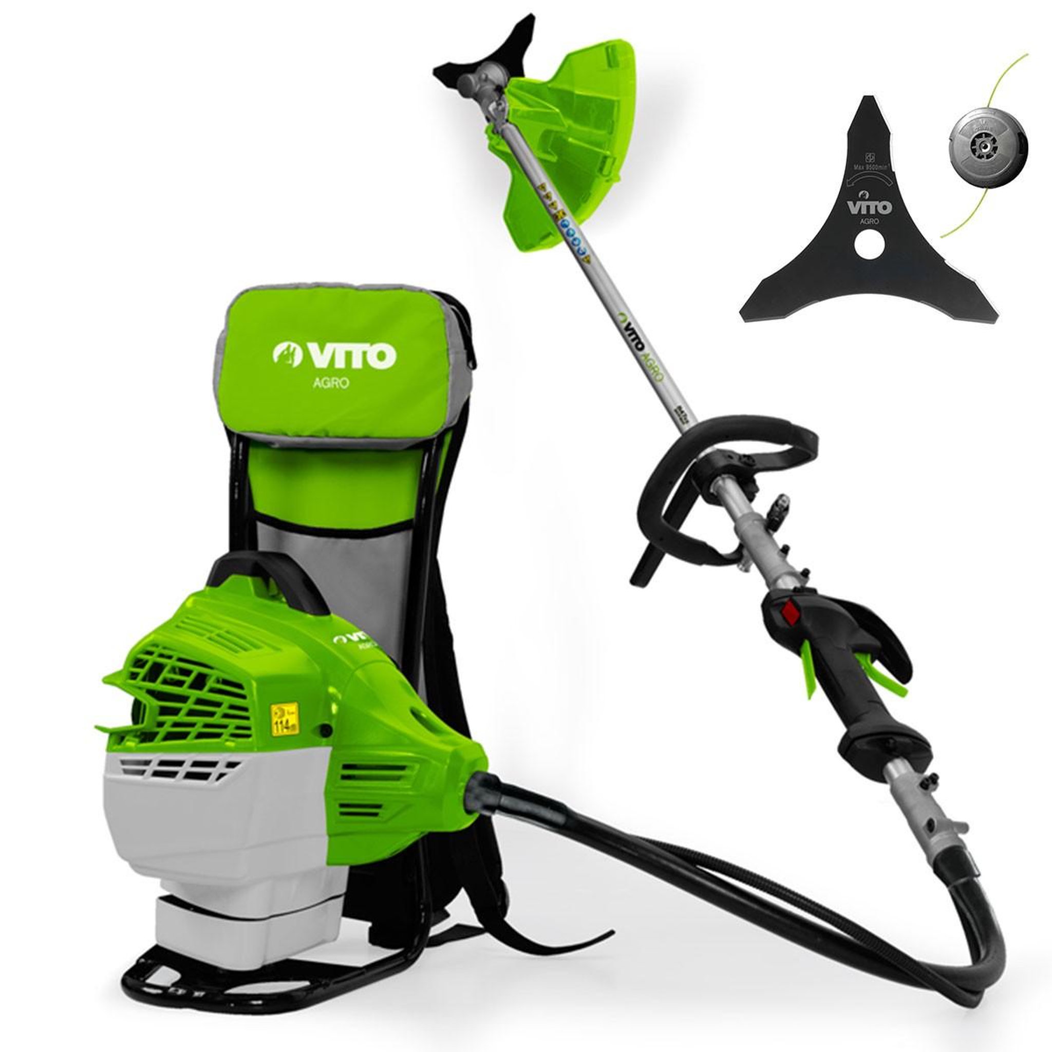 VITO Débroussailleuse thermique 47cm³ coupe ø25cm + lame et fil nylon réservoir 1l autonomie 1h30 port sac à dos vito professionnel