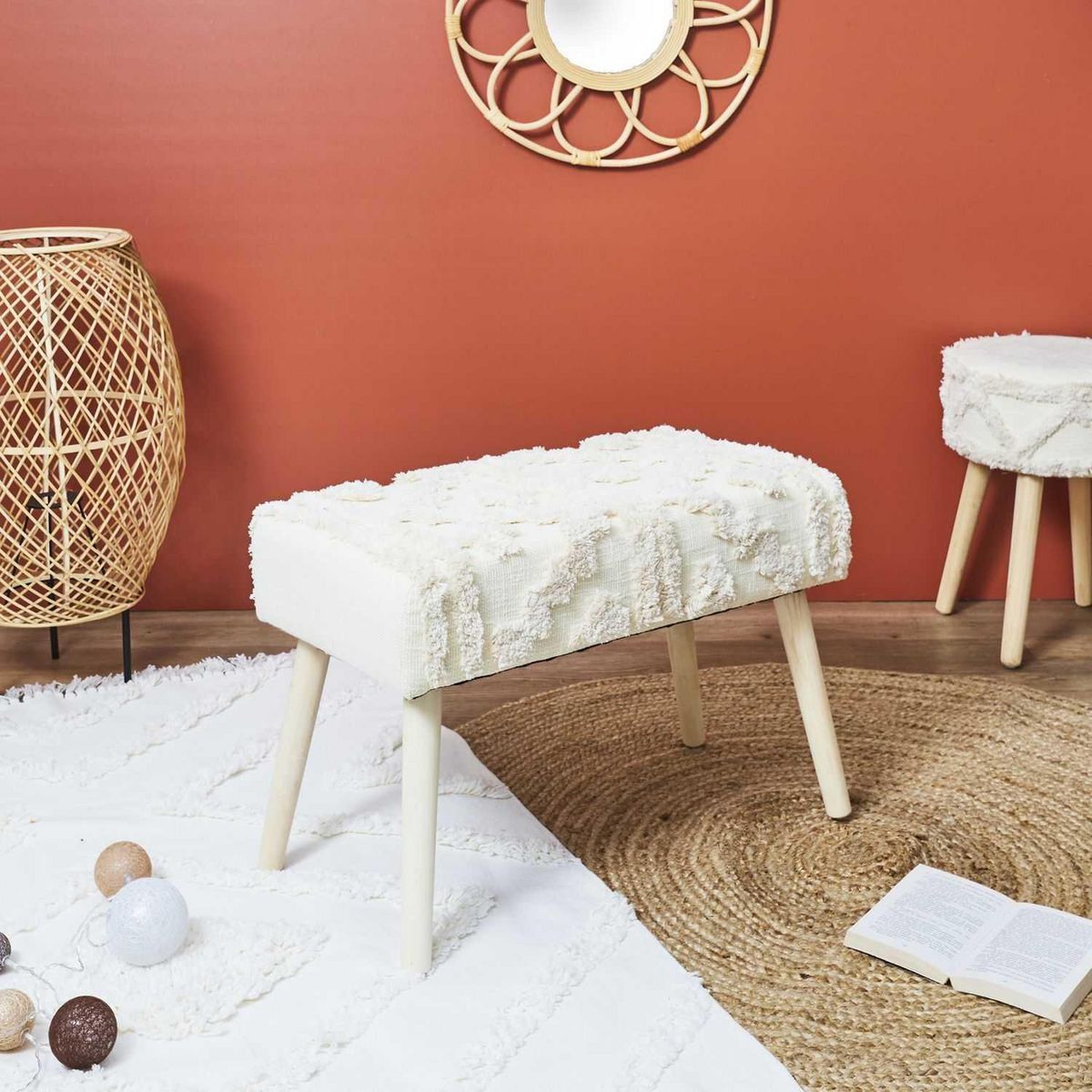 TOILINUX Banc Mirage avec détails motif en polyester et MDF - Beige et Blanc