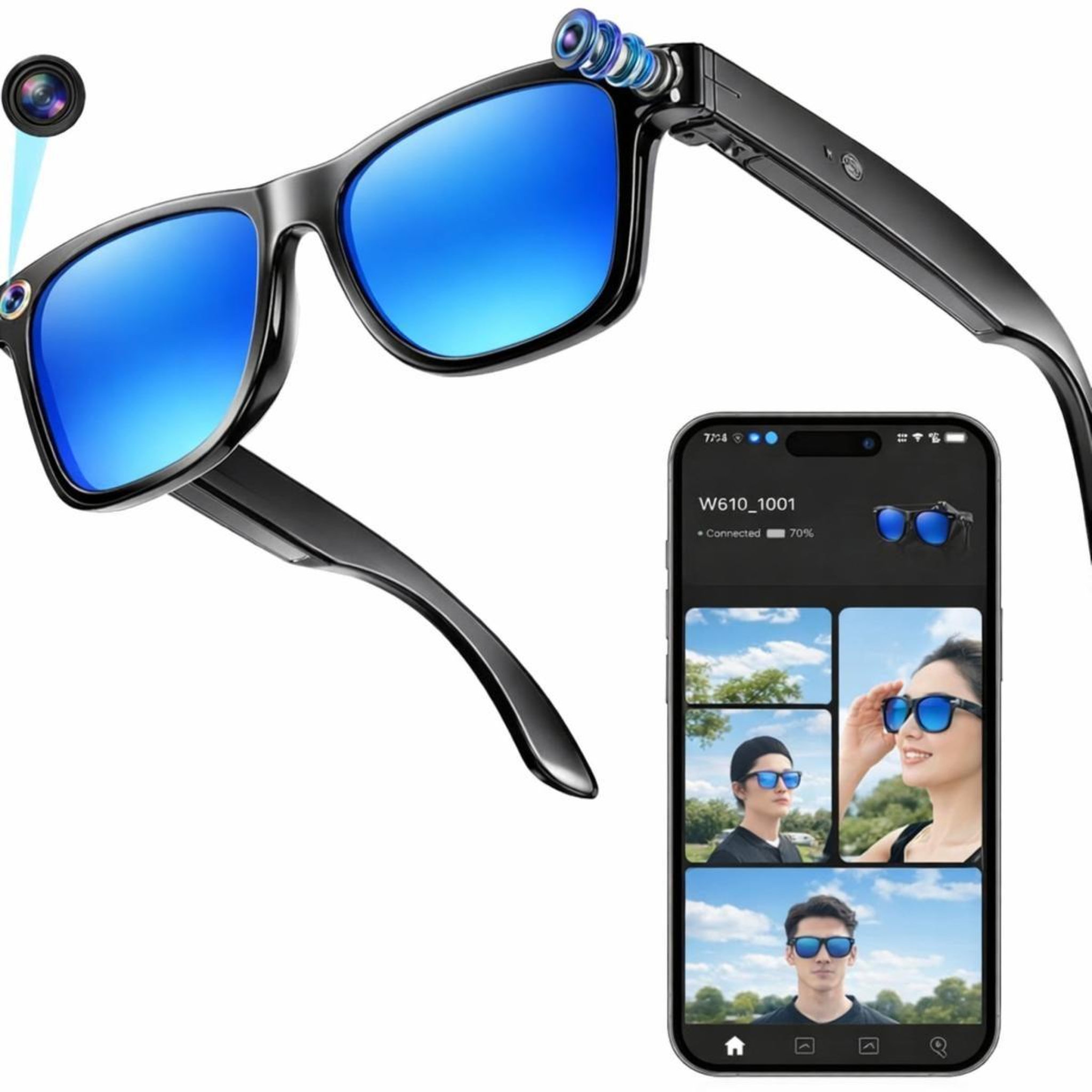 Voir la diapositive 3 : SYNERFIT Lunettes caméra NASA Futura - 8 Mpx 1080p, Bluetooth 5.4, IA vocale - Noir / Bleu