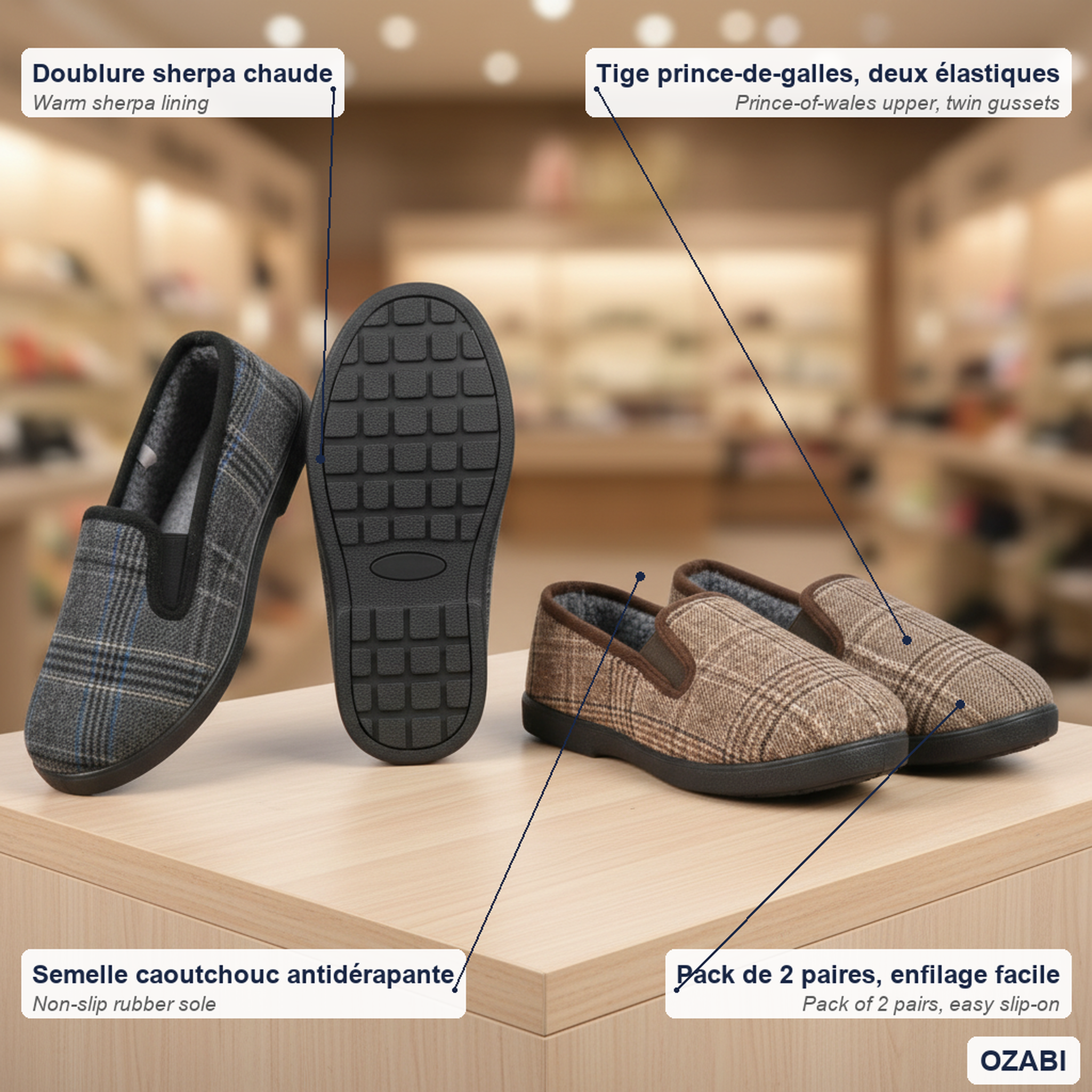 Voir la diapositive 5 : OZABI Ozabi pantoufles charentaises homme pack de 2 paires semelle antidérapante