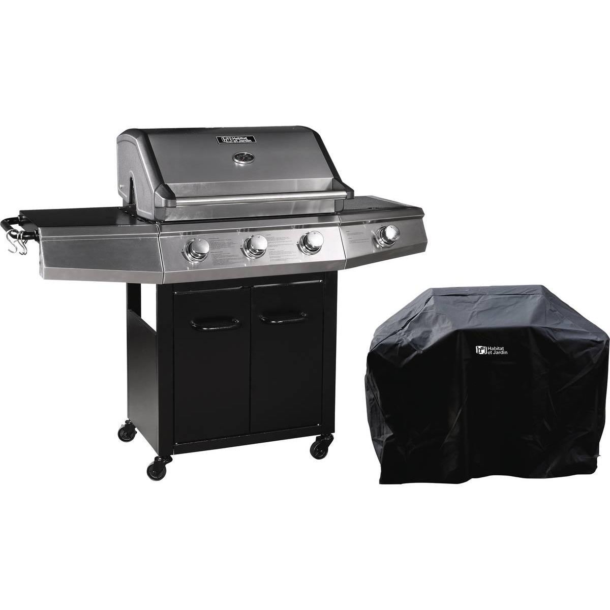 Habitat et Jardin Barbecue Gaz  Bingo 4  - 4 brûleurs dont 1 latéral - 14kW + Housse protection - Noir