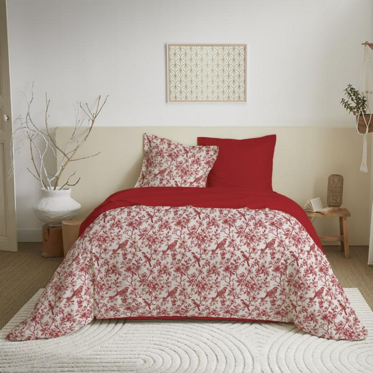 COTON PUR Parure de draps 4 pièces pour lit 140 x 190 cm Bérengère rouge