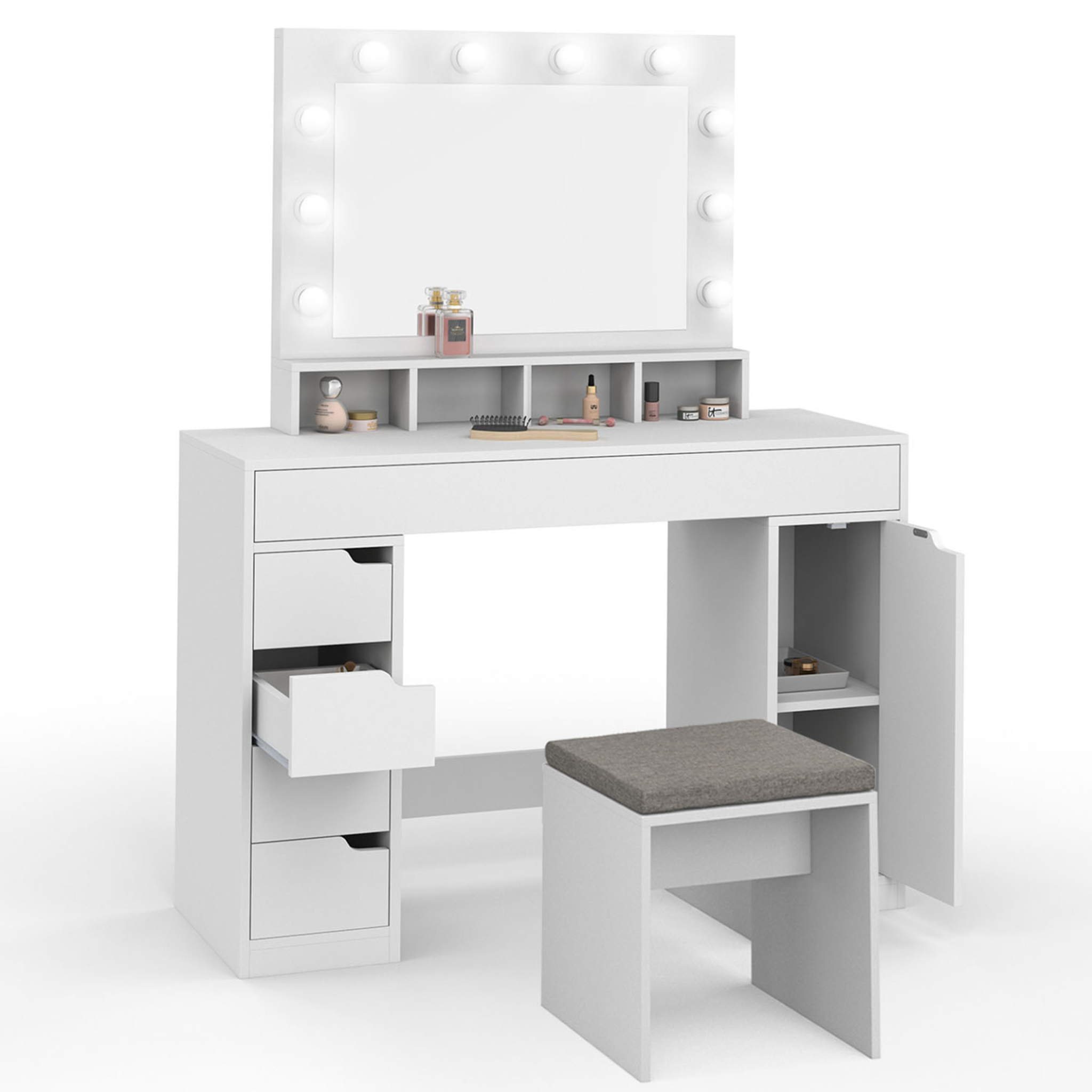 ID MARKET Coiffeuse zelia blanche miroir led avec 4 niches, 5 tiroirs, 1 caisson de rangement et tabouret rembourré