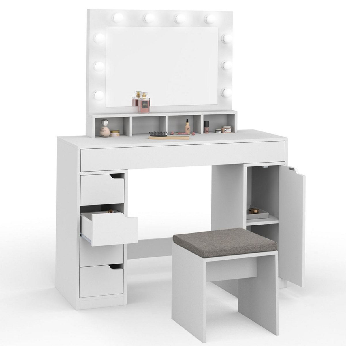 ID MARKET Coiffeuse ZELIA blanche miroir LED avec 4 niches, 5 tiroirs, 1 caisson de rangement et tabouret rembourré