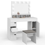 ID MARKET Coiffeuse ZELIA blanche miroir LED avec 4 niches, 5 tiroirs, 1 caisson de rangement et tabouret rembourré