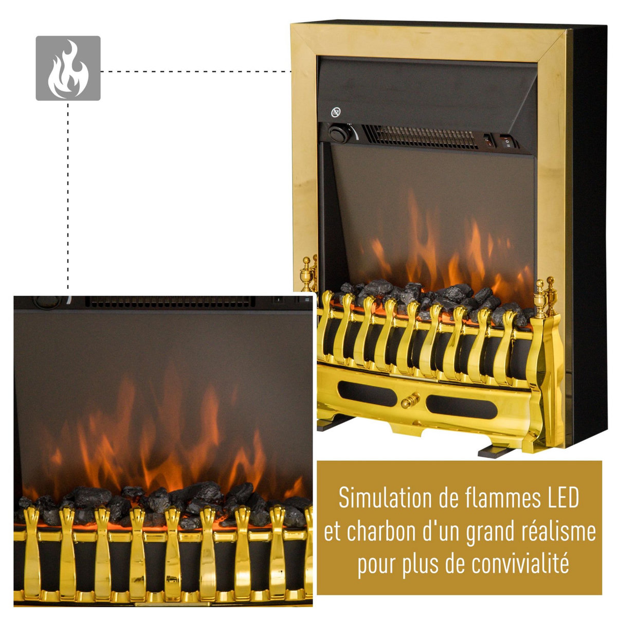 HOMCOM Cheminée électrique style néo rétro thermostat 1000-2000 W noir or