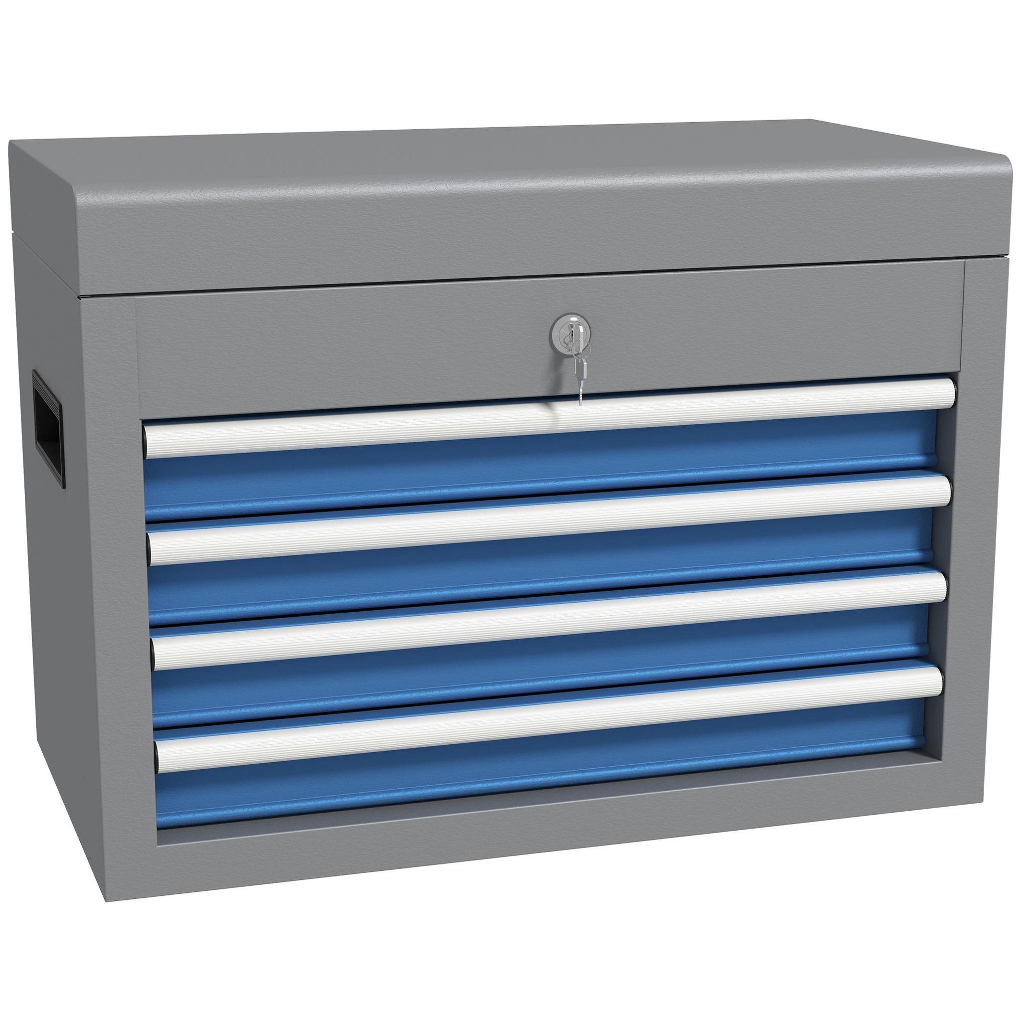 Voir la diapositive 1 : HOMCOM Boite à outils métallique caisse à outils - 4 tiroirs + plateau verrouillables - tapis eva poignées tôle acier gris bleu