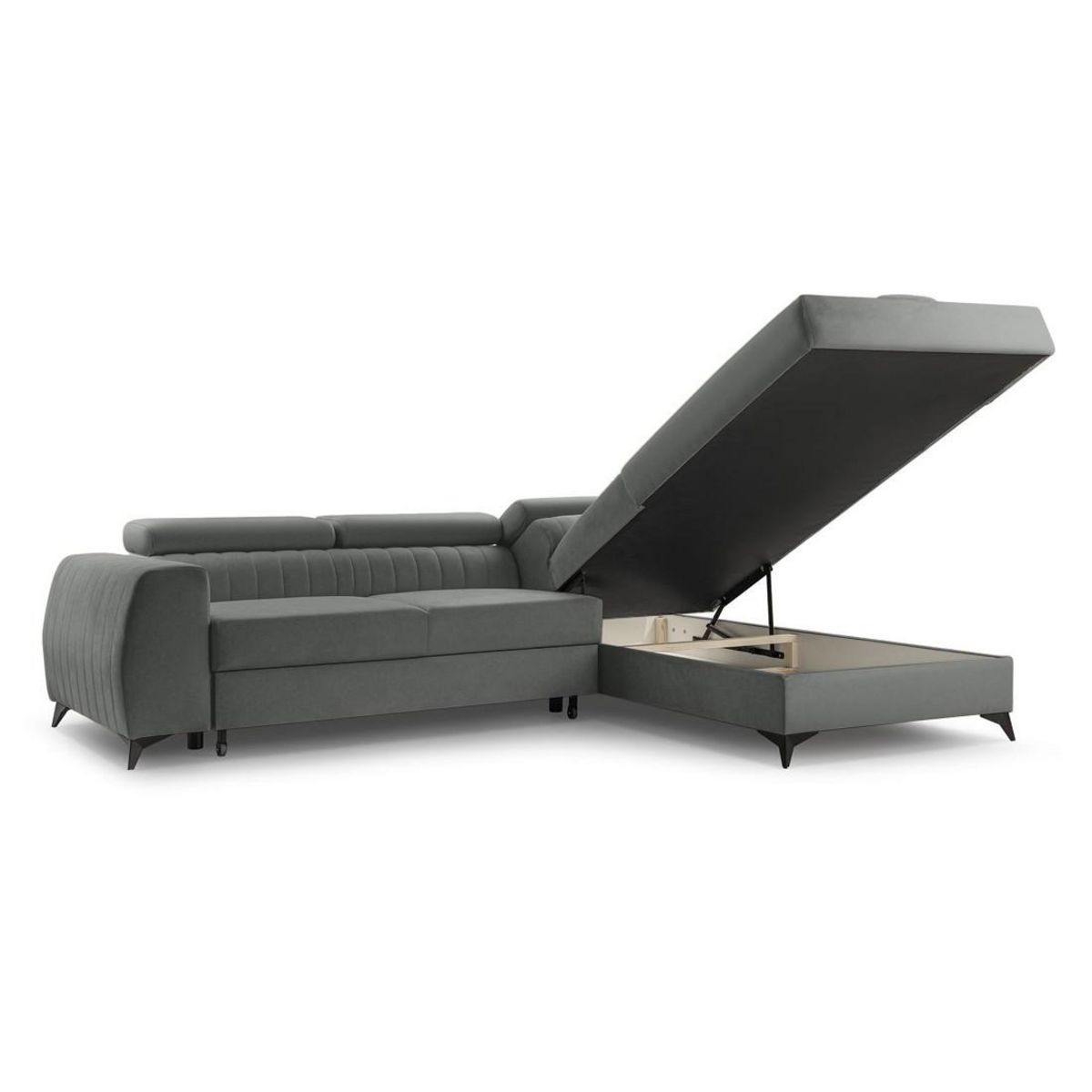 BEST MOBILIER Aneta - canapé d'angle droit 5 places - convertible avec coffre et têtières - en velours