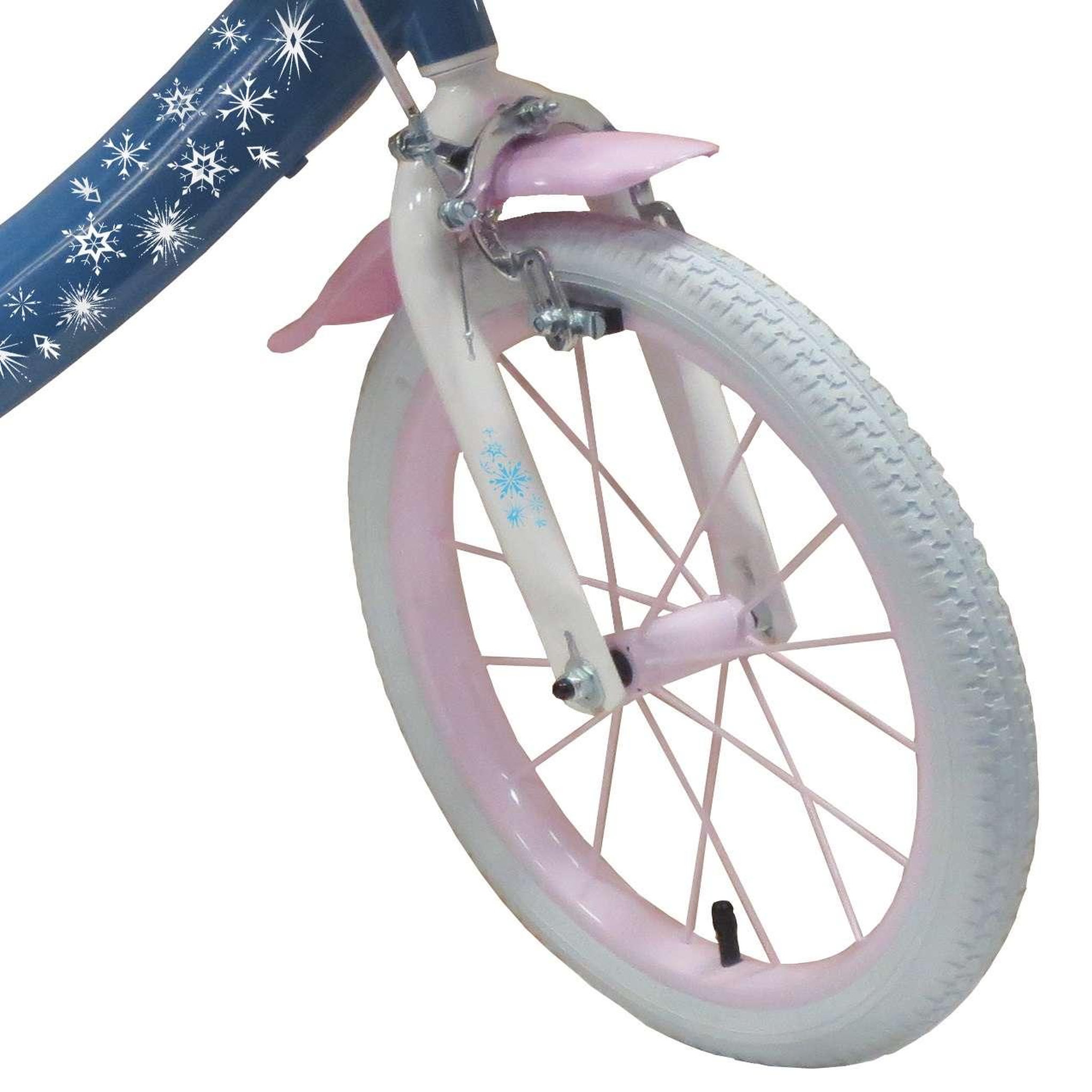 Voir la diapositive 4 : Disney La Reine des Neiges Vélo enfant - Modèle 16'' Reine des neiges + Casque pour enfant de 105/120 cm avec stabilisateurs - Panier avant - Porte poupée arrière - 2 freins et pneus gonflables