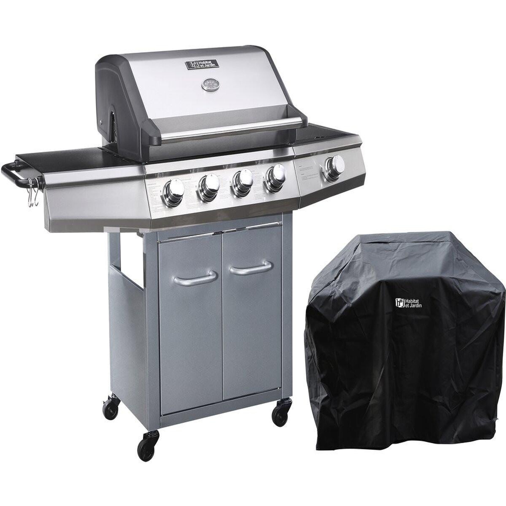 Habitat et Jardin Barbecue gaz avec LED  Bingo 5  - 5 Brûleurs dont 1 latéral - 15.2kW + Housse protection - Argenté