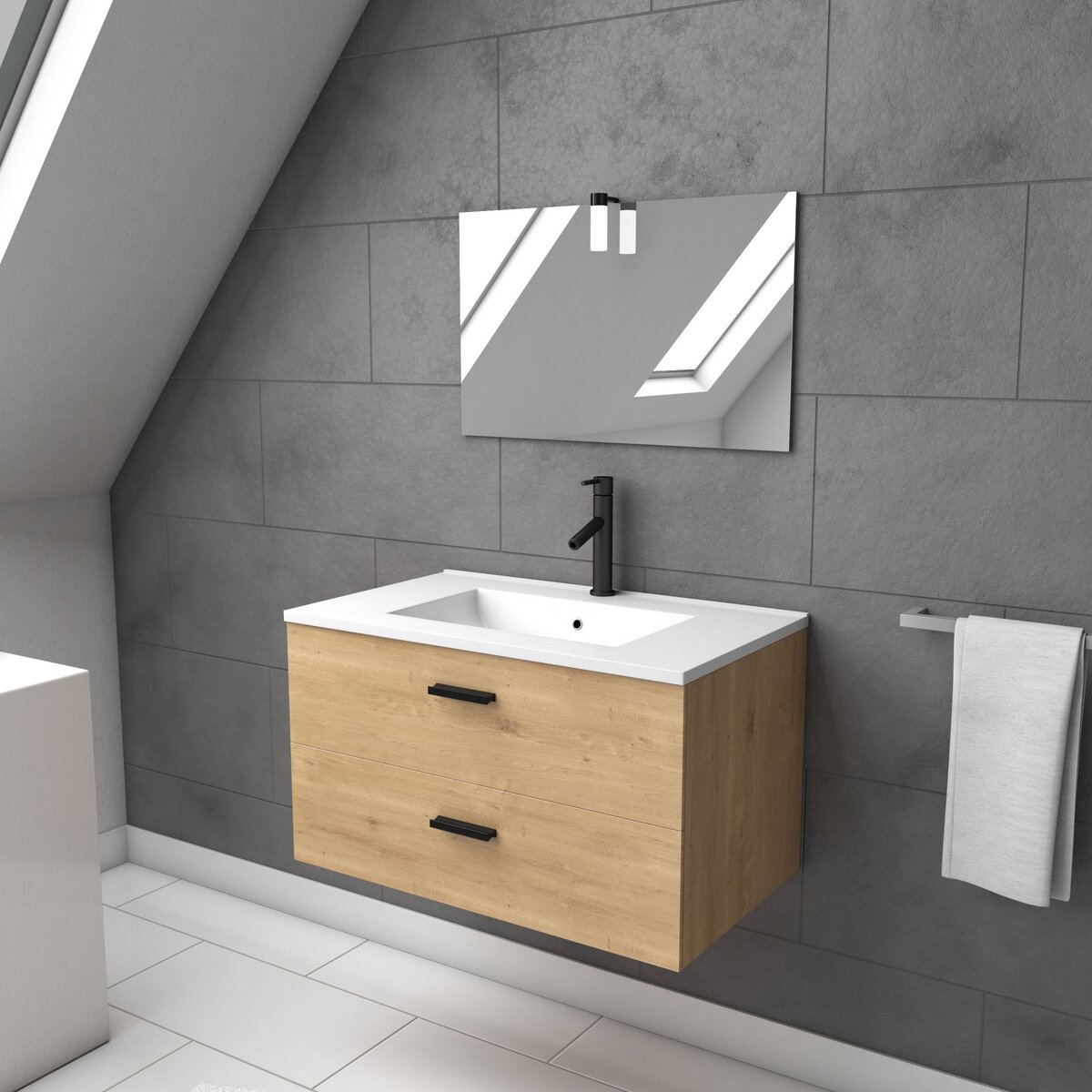 Aurlane Meuble salle de bain 80 cm monte suspendu finition bois - tiroirs soft close - vasque et miroir