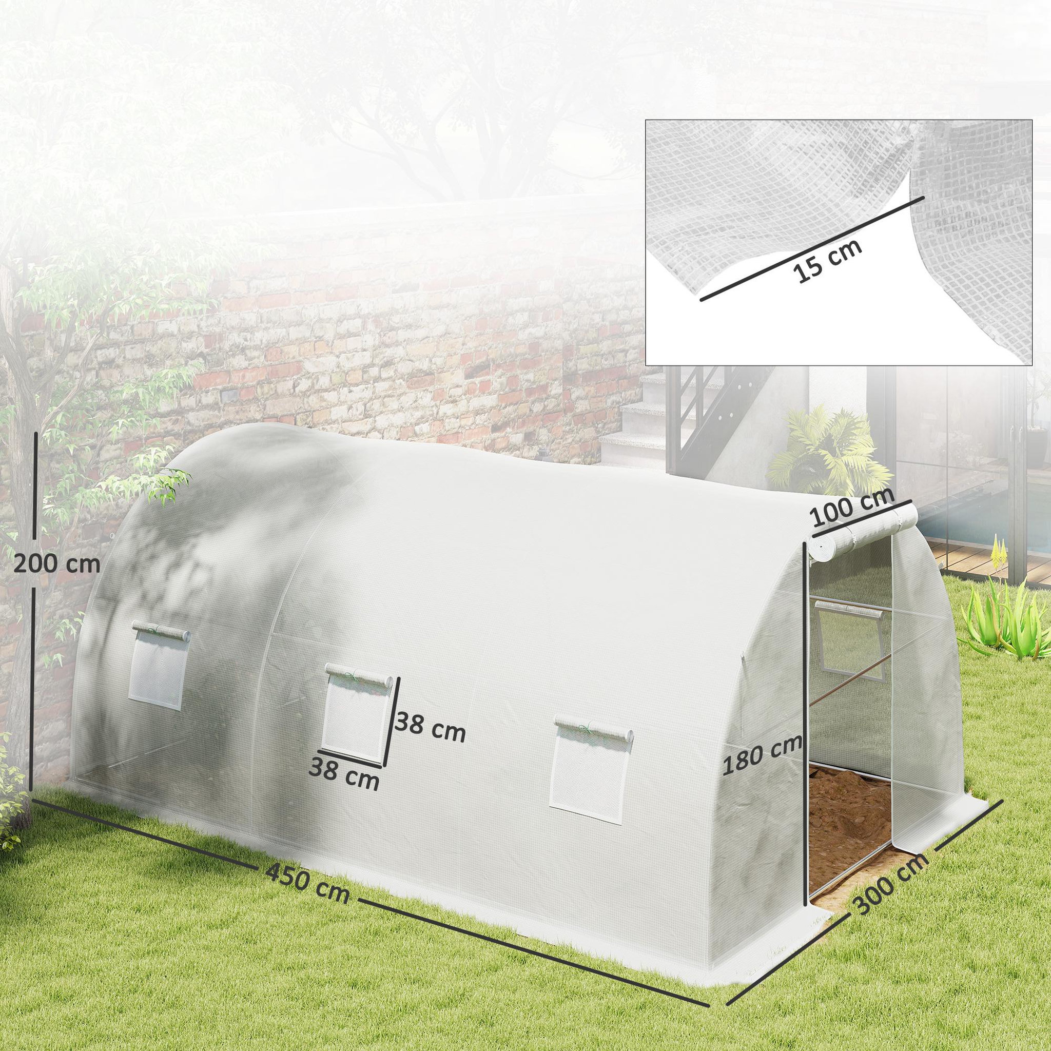 Voir la diapositive 3 : OUTSUNNY Serre tunnel 13,5 m² dim. 4,5 x 3 x 2 m - 6 fenêtres, porte zippée enroulable - acier galvanisé pe haute densité blanc