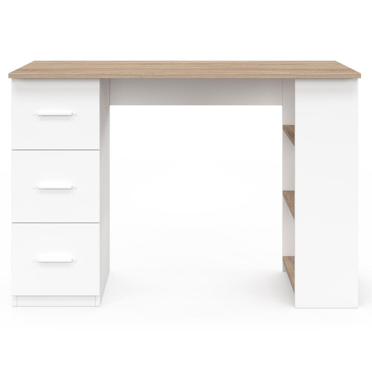 ID MARKET Bureau droit MAE 3 tiroirs avec étagères de rangement blanc et bois