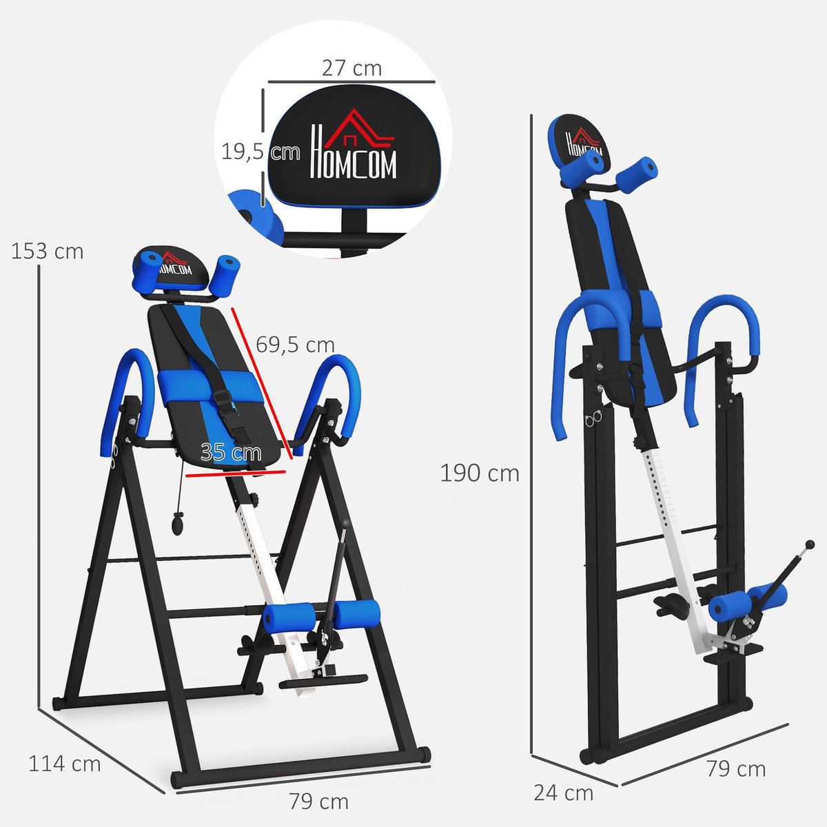 HOMCOM Table d'inversion de musculation pliable ceinture de sécurité réglable angle inversé ajustable 3 niveaux acier bleu noir