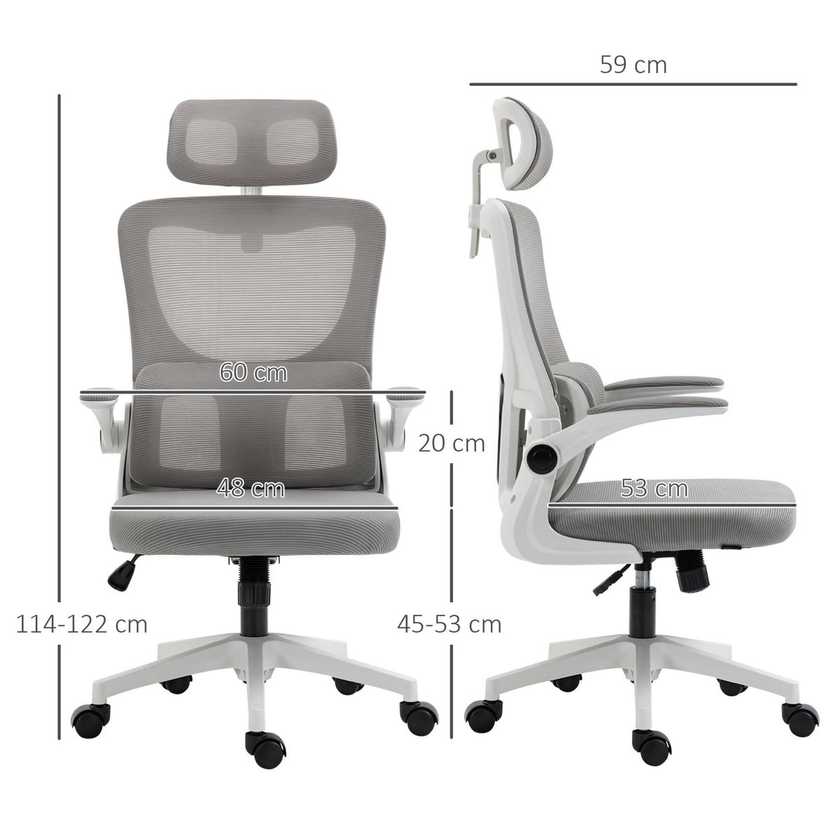 VINSETTO Fauteuil de bureau ergonomique réglable - fonction bascule, support lombaires, tétière ajustable - blanc gris