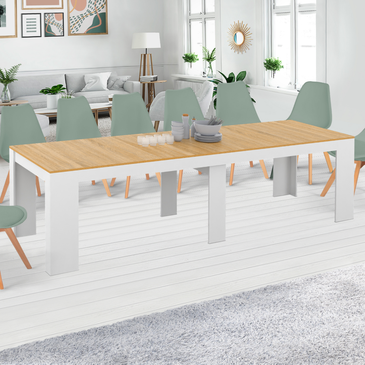 ID MARKET Table console extensible ORLANDO 14 personnes 300 cm blanc et façon hêtre