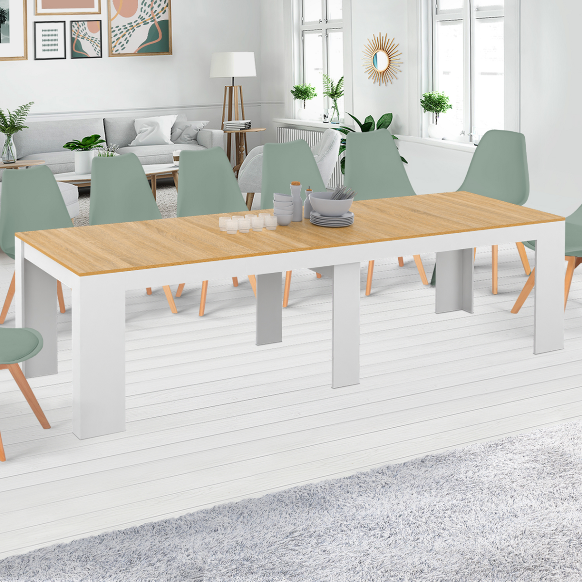 ID MARKET Table console extensible ORLANDO 14 personnes 300 cm blanc et façon hêtre