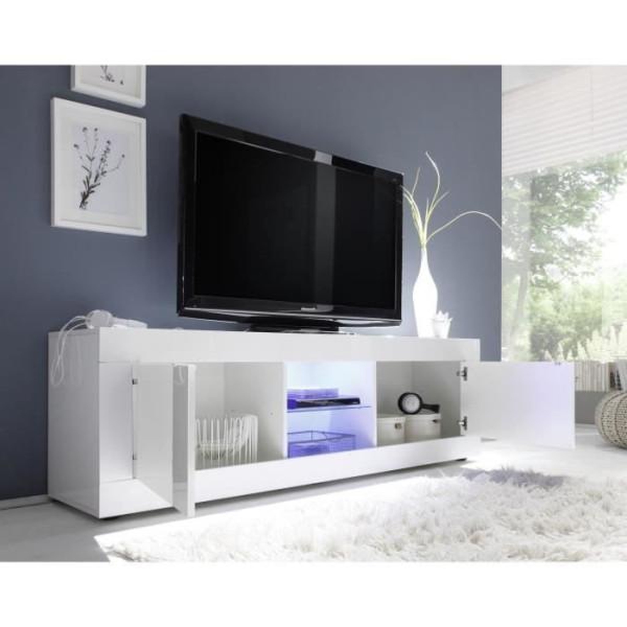 Voir la diapositive 5 : MARKET24 Ensemble séjour - meuble tv 180 cm + buffet 210 cm 2 portes 3 tiroirs - basico - blanc laqué