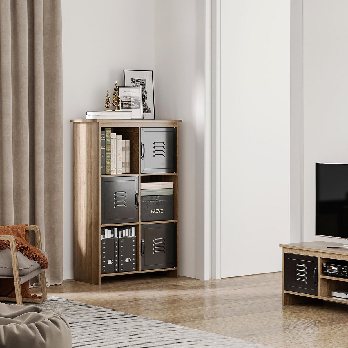 HOMCOM Bibliothèque design industriel - meuble de rangement 3 niches 3 casiers - panneaux particules aspect bois veinage portes métal noir