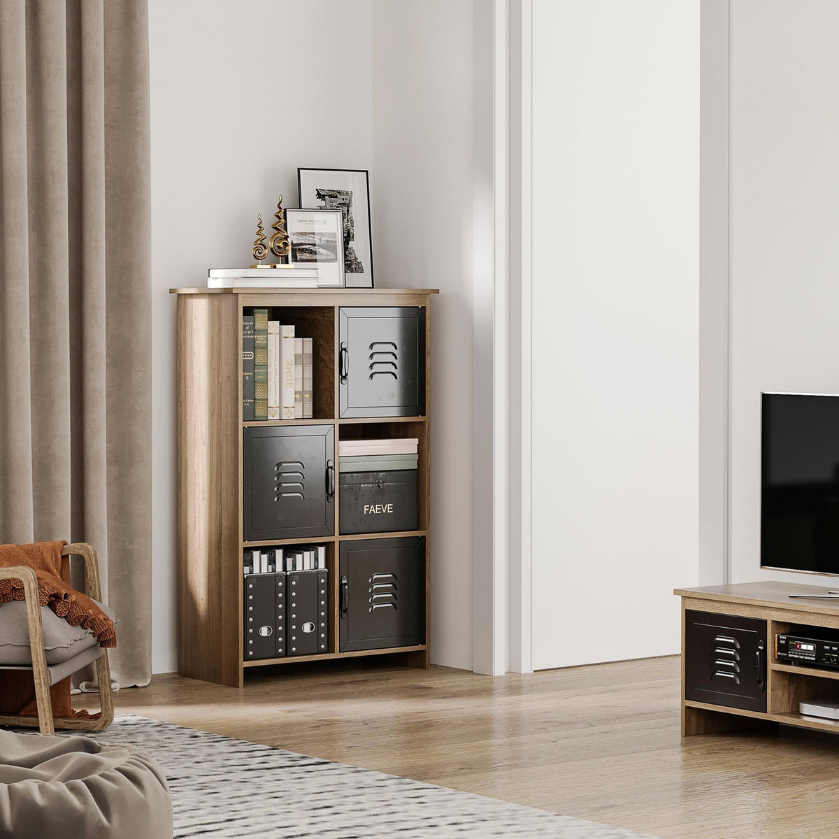 HOMCOM Bibliothèque design industriel - meuble de rangement 3 niches 3 casiers - panneaux particules aspect bois veinage portes métal noir