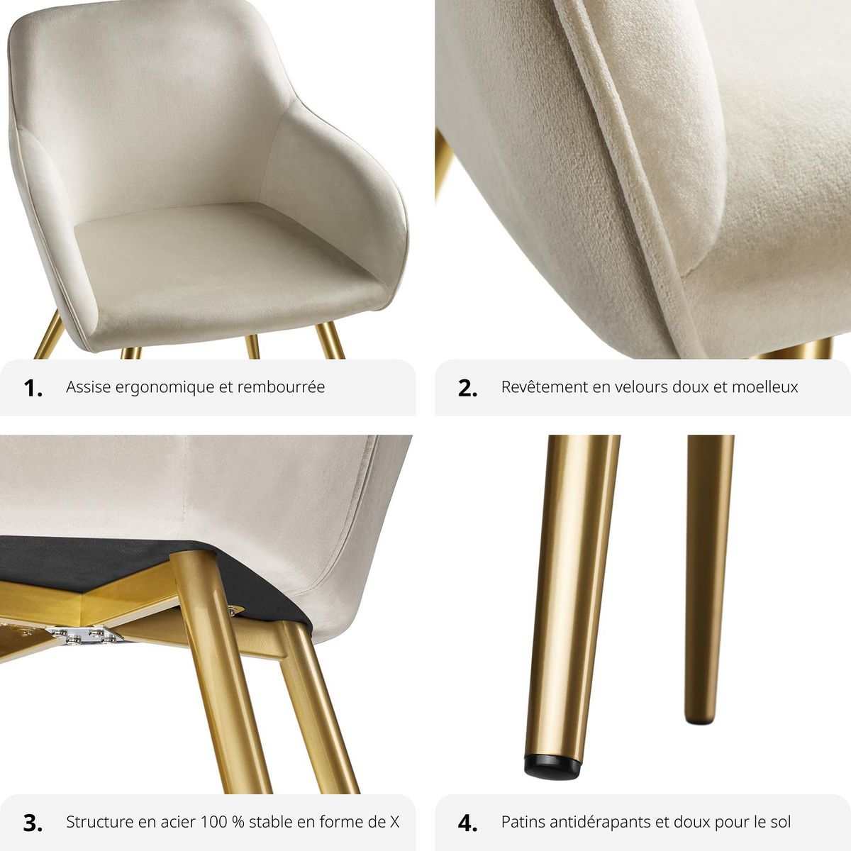 tectake Ensemble de 8 chaises rembourrées aspect velours crème et or