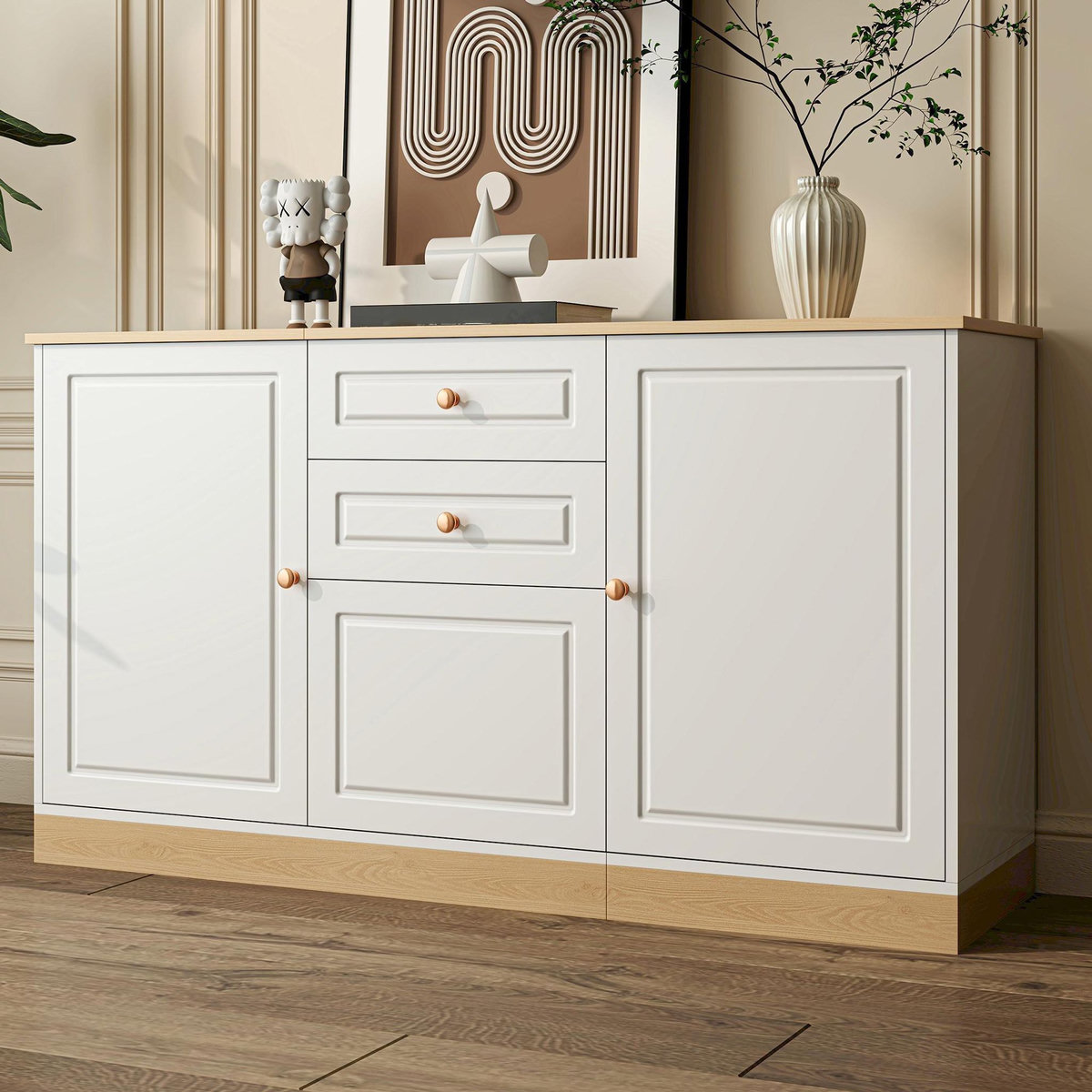 MERAX Buffet 3 porte(s) 2 tiroir(s) - 135,5 cm blanc panneau de particules