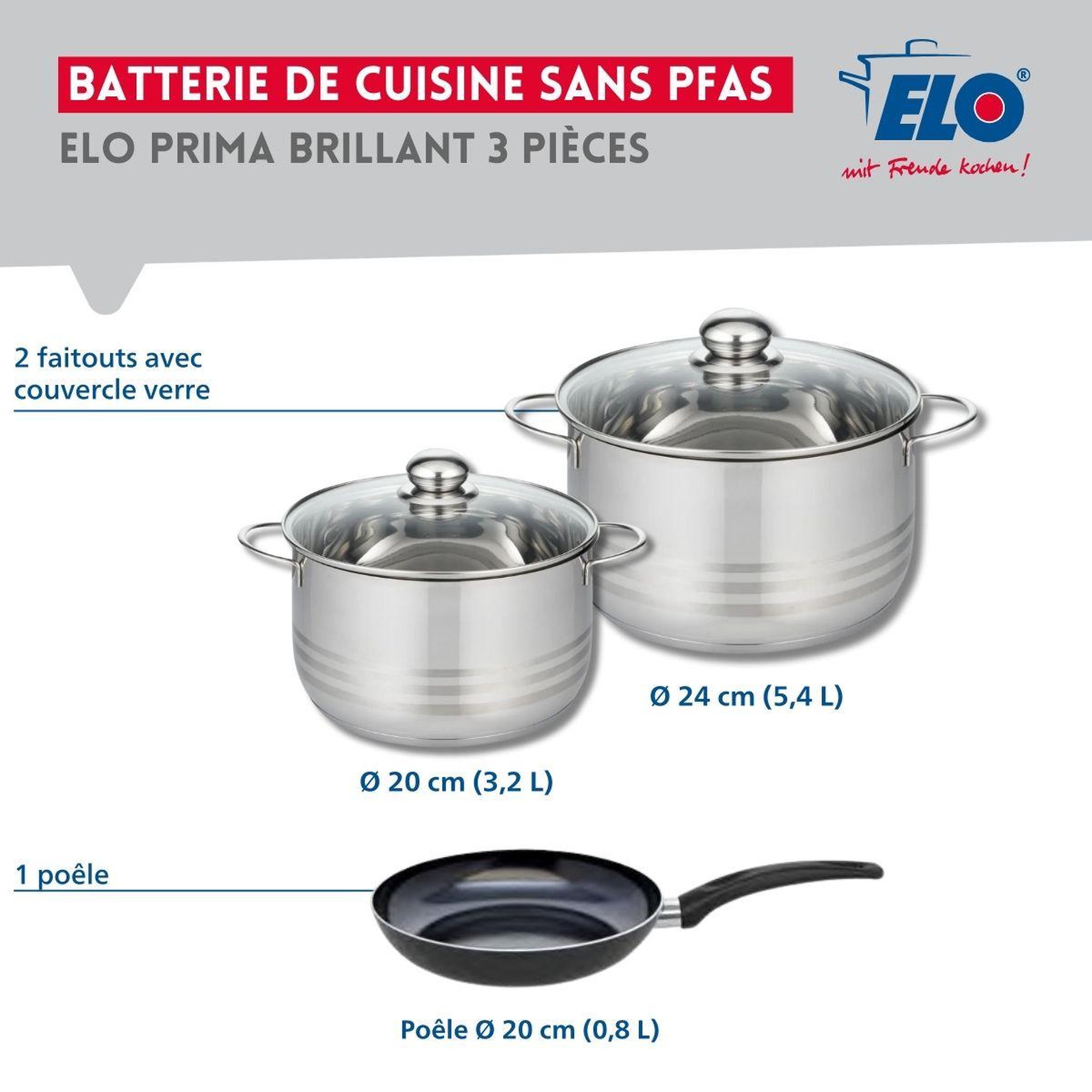 Voir la diapositive 2 : ELO Ensemble de 1 poêle de cuisson 20 cm et 2 faitouts 20 et 24 cm elo prima brillant