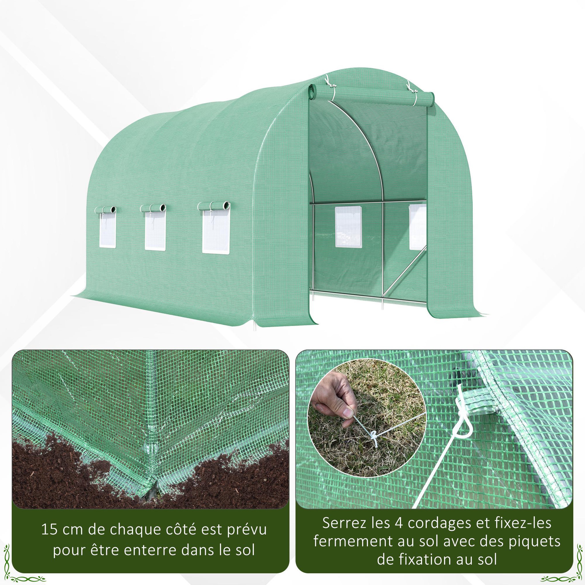 Voir la diapositive 6 : OUTSUNNY Serre de jardin tunnel 4,5l x 2l x 2h m châssis tubulaire acier galvanisé renforcé 1,8 cm 6 fenêtres 1 porte vert