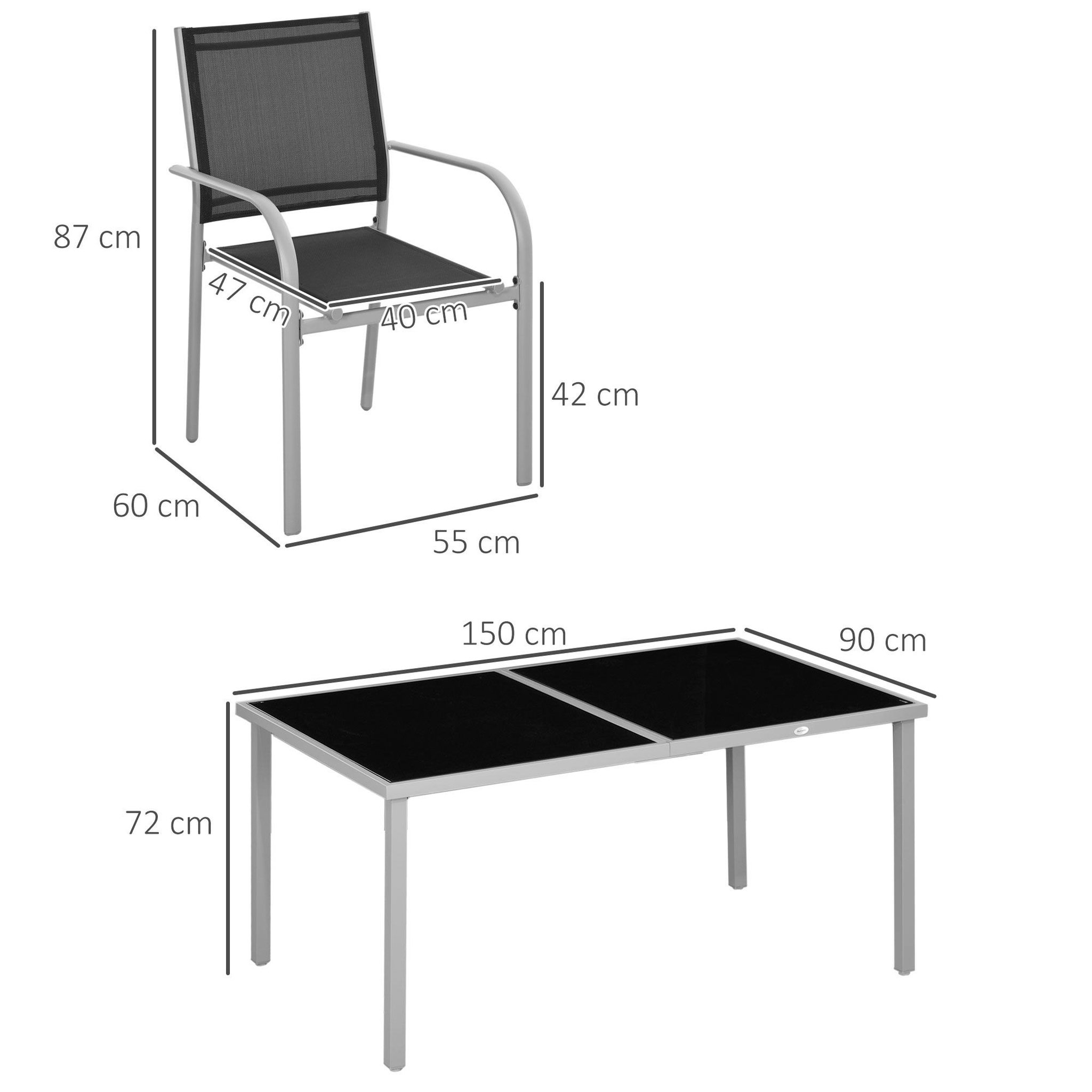 Voir la diapositive 3 : OUTSUNNY Ensemble de jardin 6 personnes chaises empilables table à manger dim. 150l x 90l x 72h cm plateau verre acier époxy textilène noir