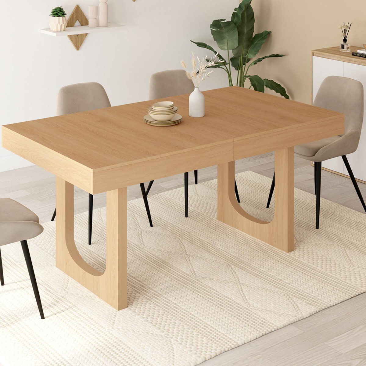 ID MARKET Table à manger extensible rectangle ALOISE 4-8 personnes pied arc bois effet hêtre 160-200 cm