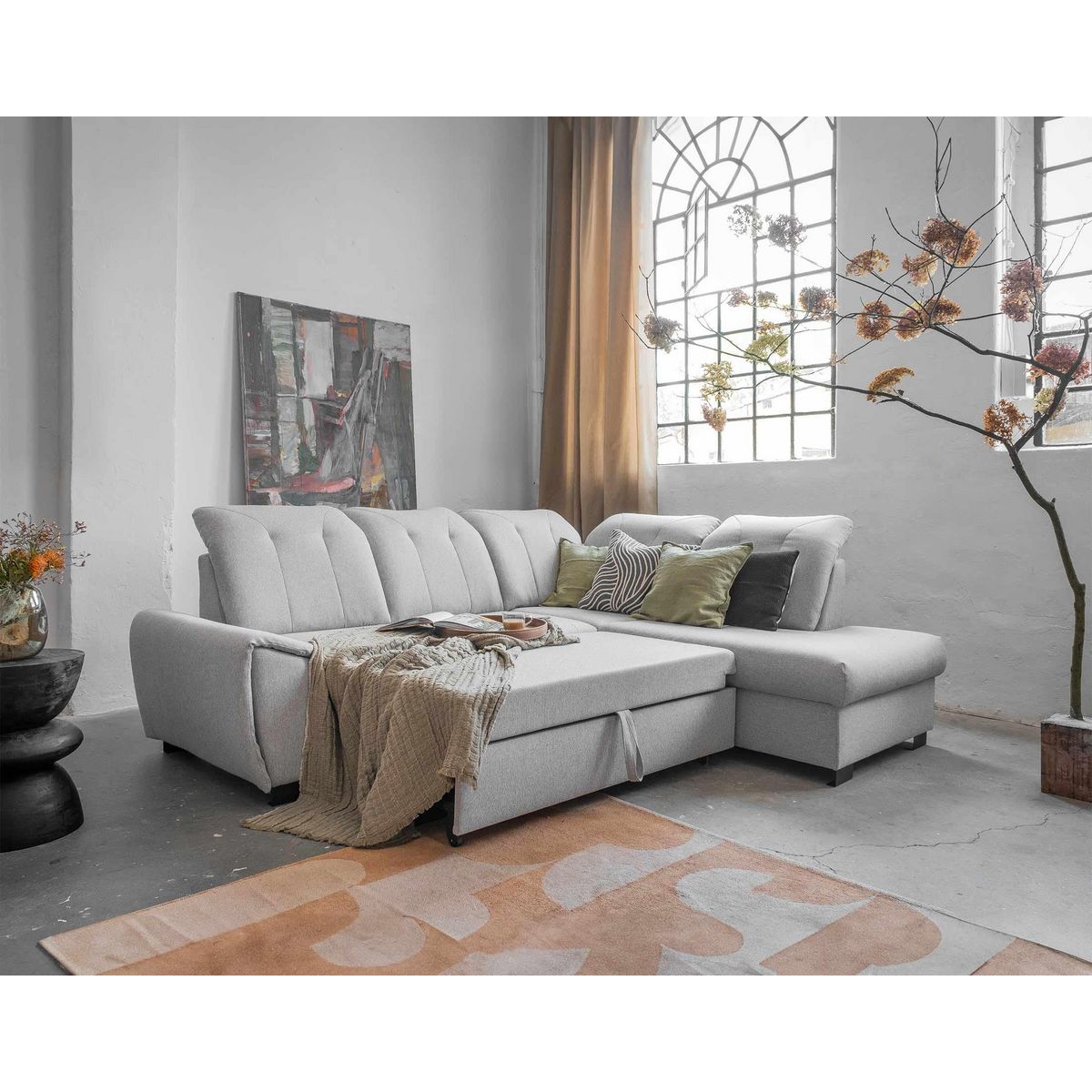 BEST MOBILIER Paul - canapé d'angle droit - 5 places - convertible avec coffre et têtières - en tissu