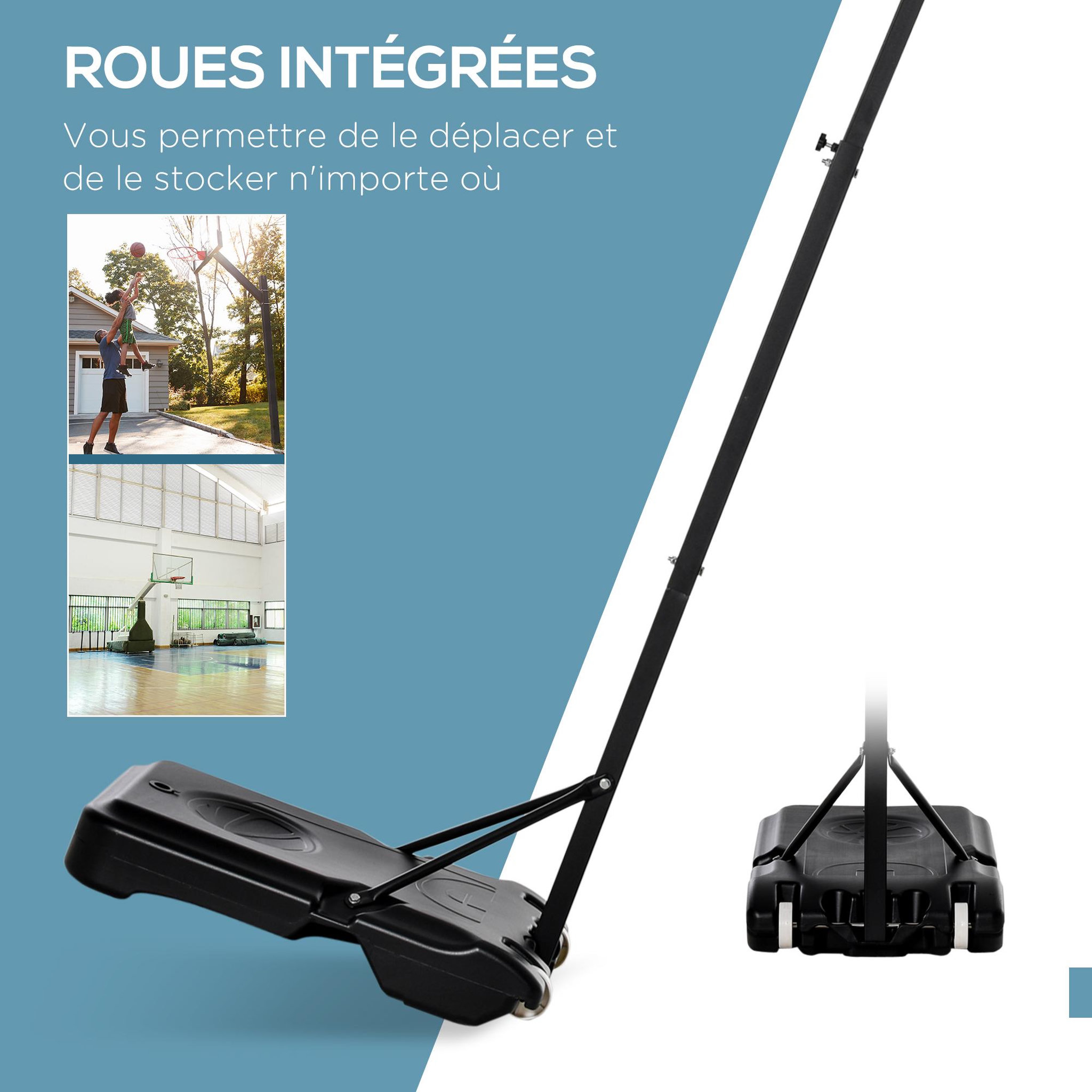 Voir la diapositive 5 : HOMCOM Panier de Basket-Ball sur pied avec poteau panneau, base de lestage sur roulettes hauteur réglable 1,9 - 2,5 m noir blanc
