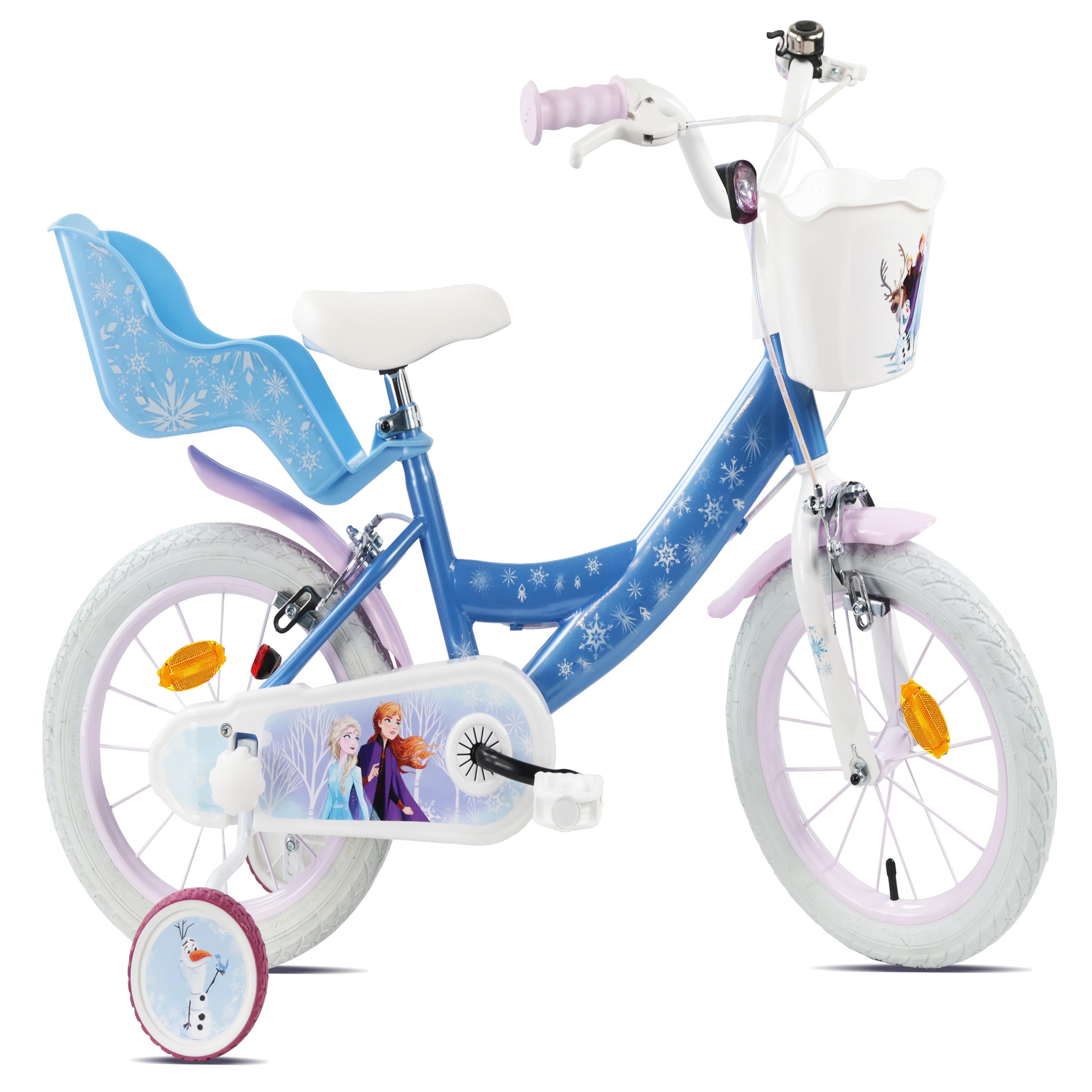 DISNEY Vélo enfant 16  Fille Reine des Neiges pour enfant de 4 à 6 ans avec stabilisateurs - 2 freins - porte poupée & panier avant