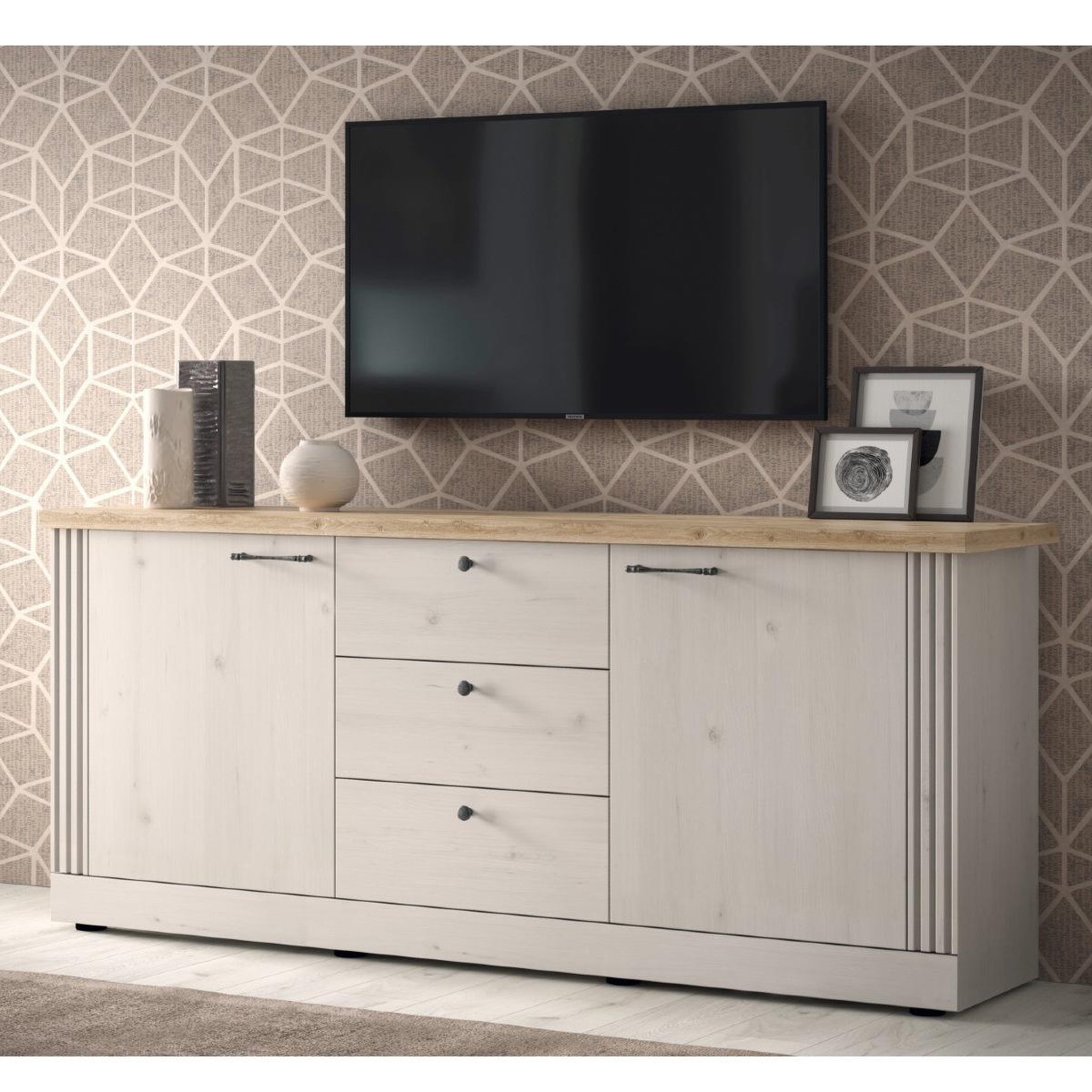 Voir la diapositive 4 : JLC KREATION Buffet moderne 2 portes-3 tiroirs coloris chêne naturel YANIS