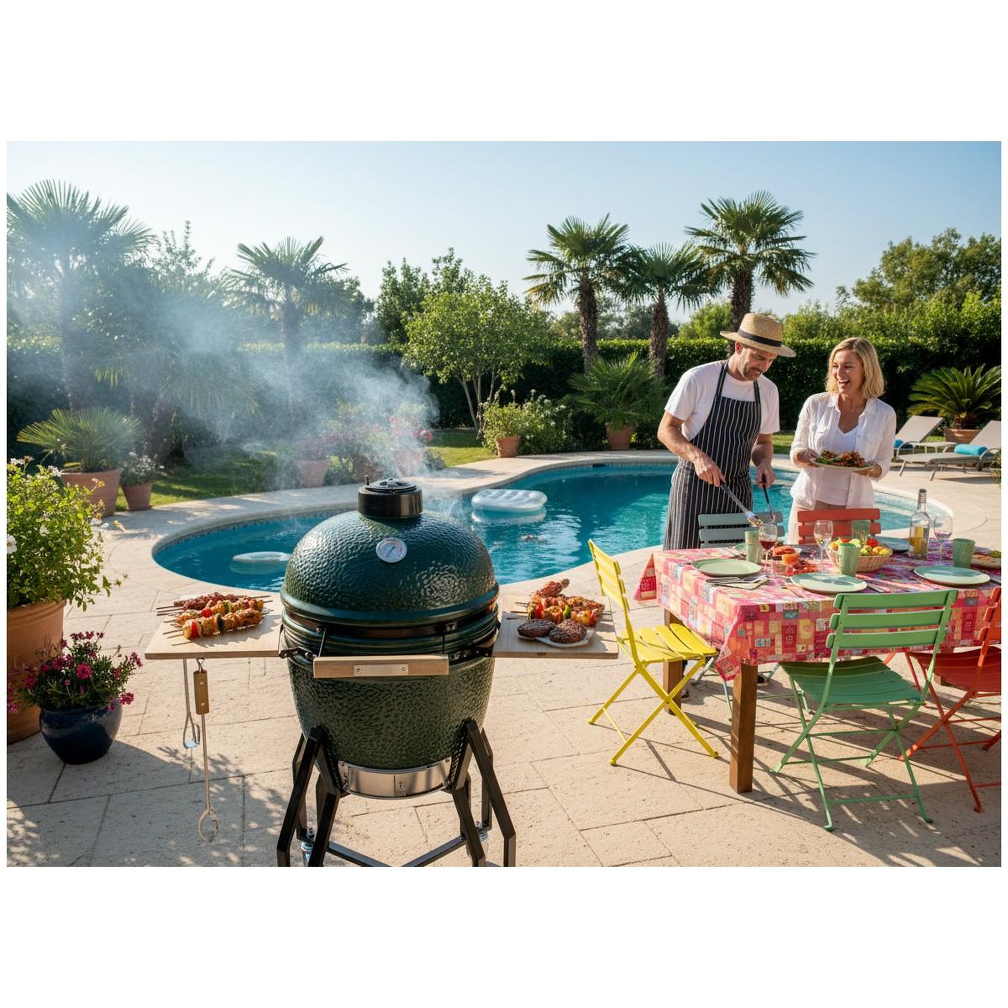 Voir la diapositive 3 : INTEC Barbecue à charbon de bois kamado céramique vert - 2 zones de cuisson grill & fumoir ø56cm - barbecue mobile + 2 tablettes intec
