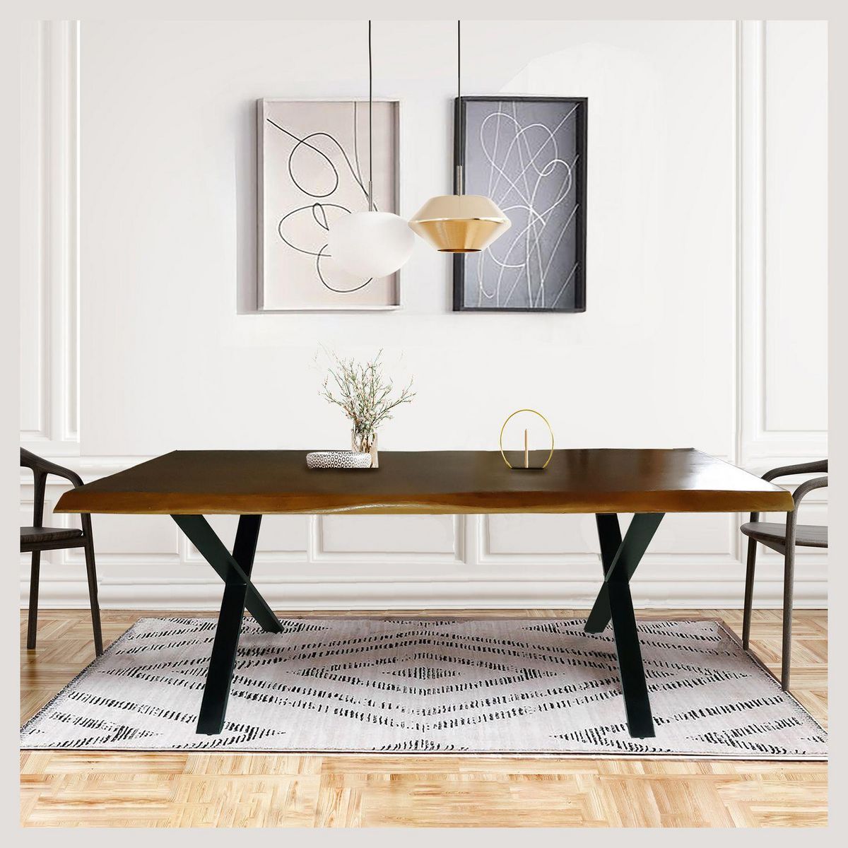 Table à manger 8 personnes en acacia massif finition huilée et pieds métal LISBONNE