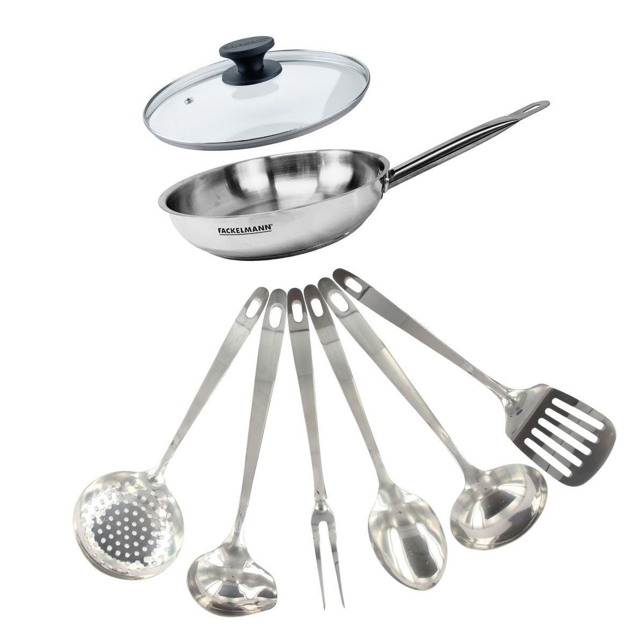 Fackelmann Set poêle 24 cm en inox, couvercle verre et 6 ustensiles inox fackelmann eterna