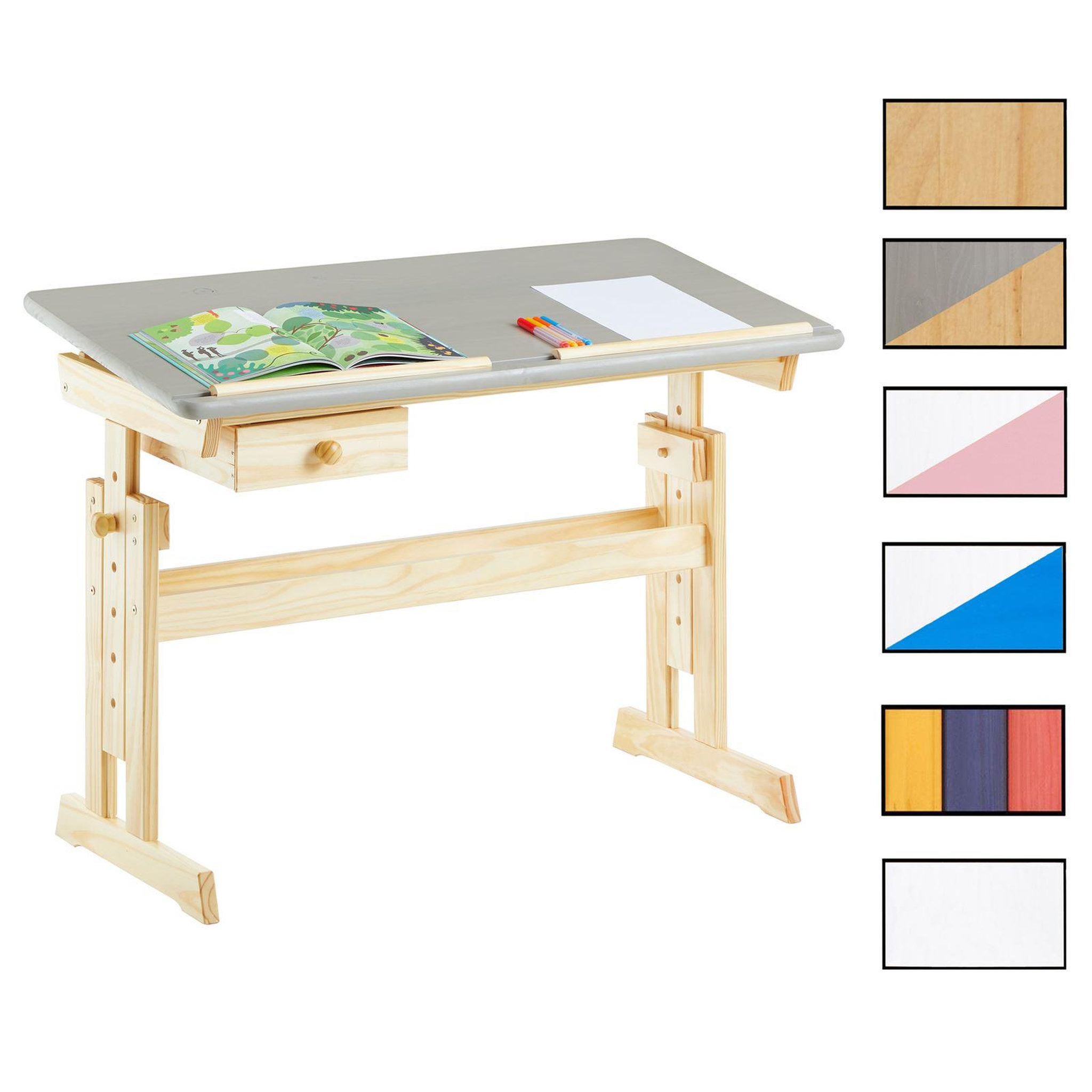 IDIMEX Bureau enfant FLEXI, en pin massif, réglable en hauteur et plateau inclinable. Coloris disponibles : Bicolore