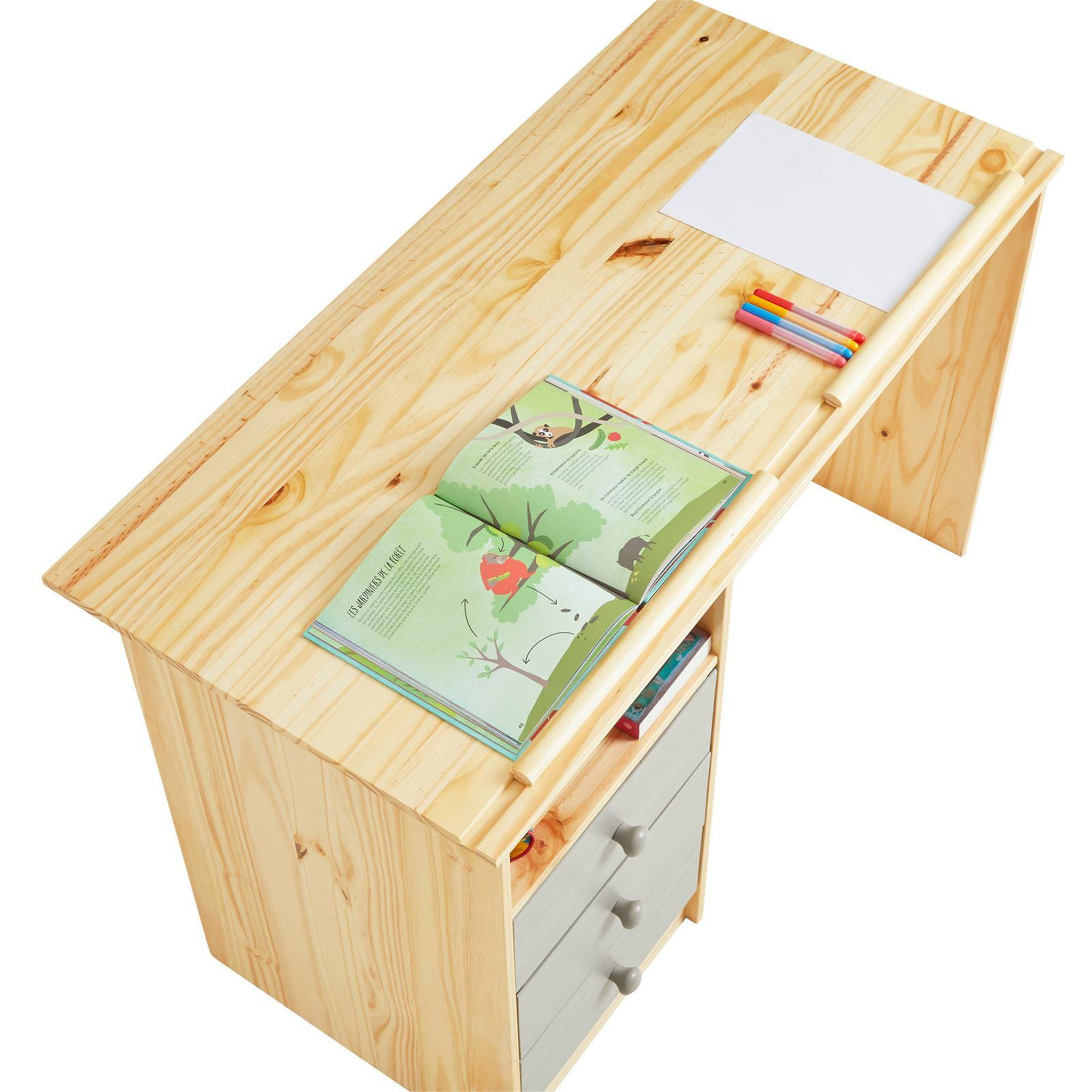 Voir la diapositive 5 : IDIMEX Bureau enfant KEVIN, en pin massif, 3 tiroirs et plateau inclinable