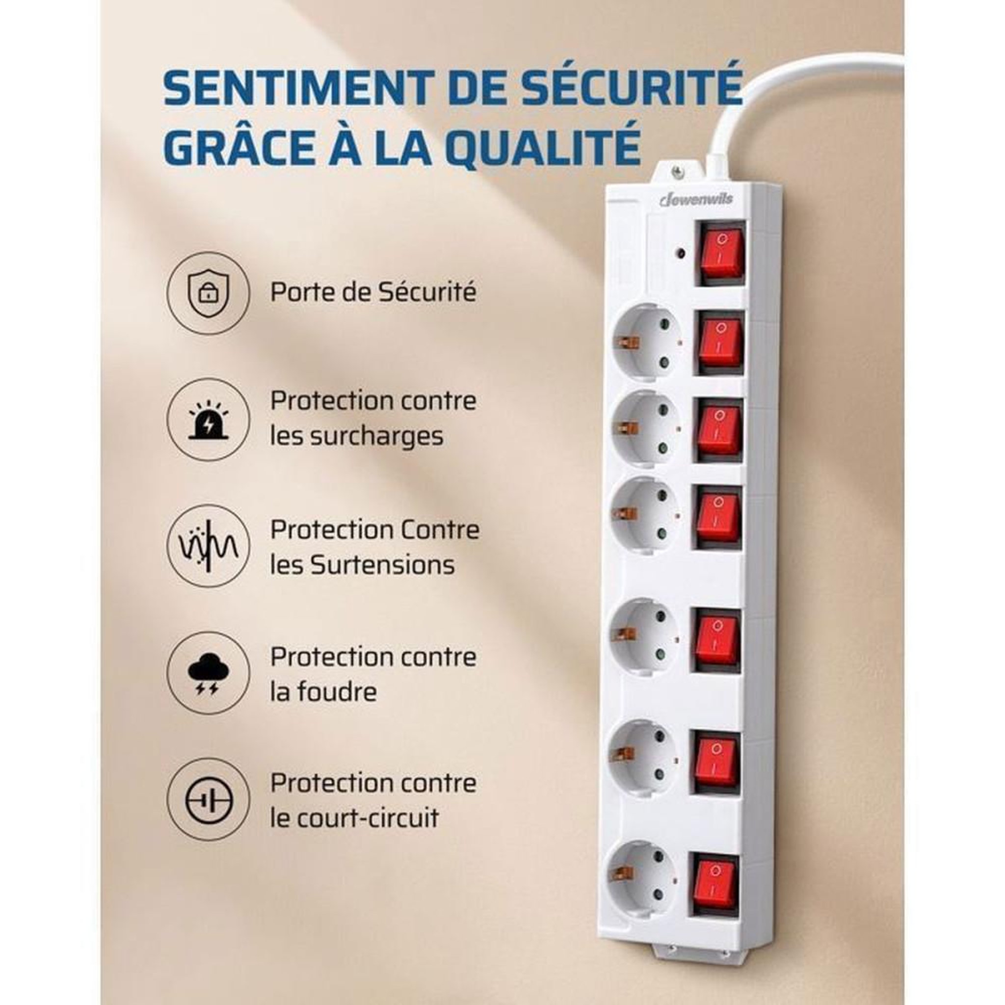 Voir la diapositive 5 : Multiprise 6 prises 16A 3680W avec 7 interrupteurs bipolaires LED, câble 5 m, protection surtension et court-circuit, montage mural/bureau, blanche