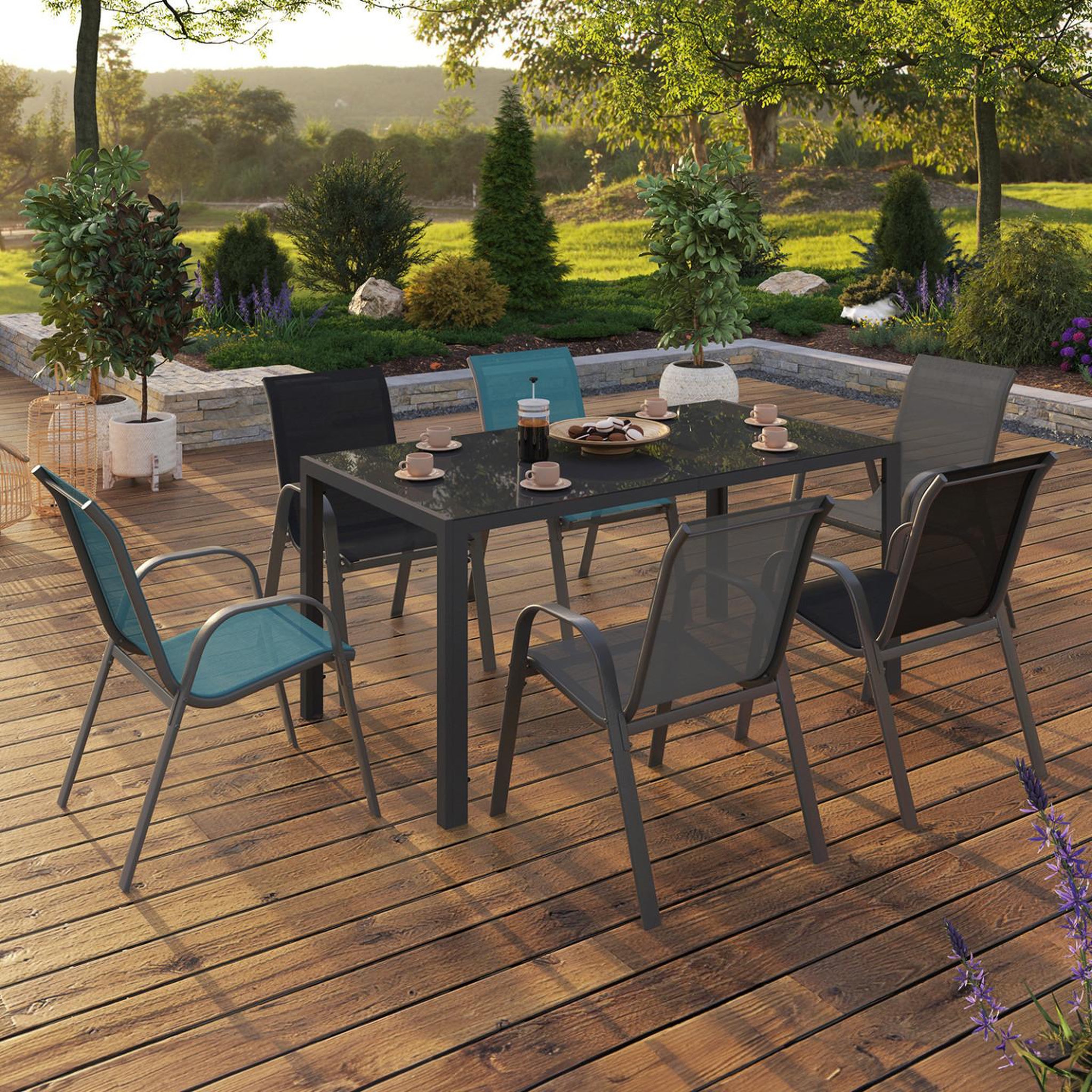 Voir la diapositive 2 : ID MARKET Salon de jardin madrid table 150 cm et 6 chaises empilables mix color gris, noir et bleu