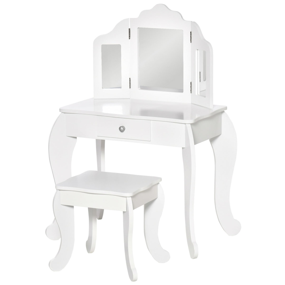 HOMCOM Coiffeuse enfant avec tabouret, miroir triptyque et tiroir coulissant - coiffeuse dim. 63L x 40l x 85,5H cm - MDF blanc acrylique