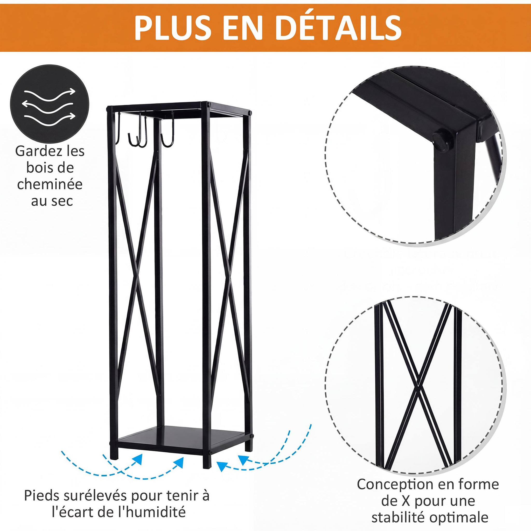 Voir la diapositive 5 : OUTSUNNY Serviteur de cheminée colonne - porte bûches - range bûches multi accessoires dim. 34L x 34l x 111H cm métal noir