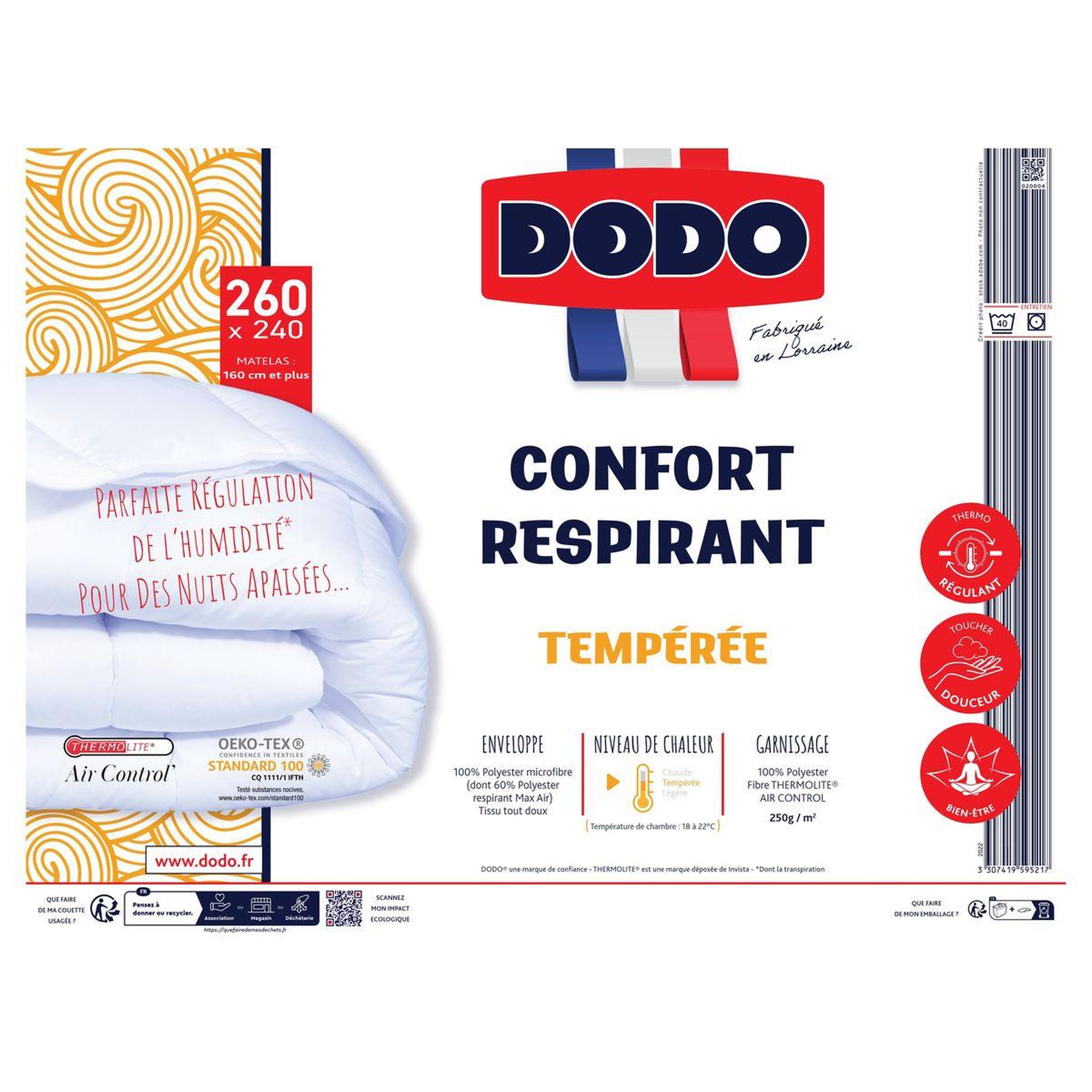 Voir la diapositive 2 : DODO Couette tempérée en polyester Fibre Thermolite Air control 250g/m² CONFORT RESPIRANT 