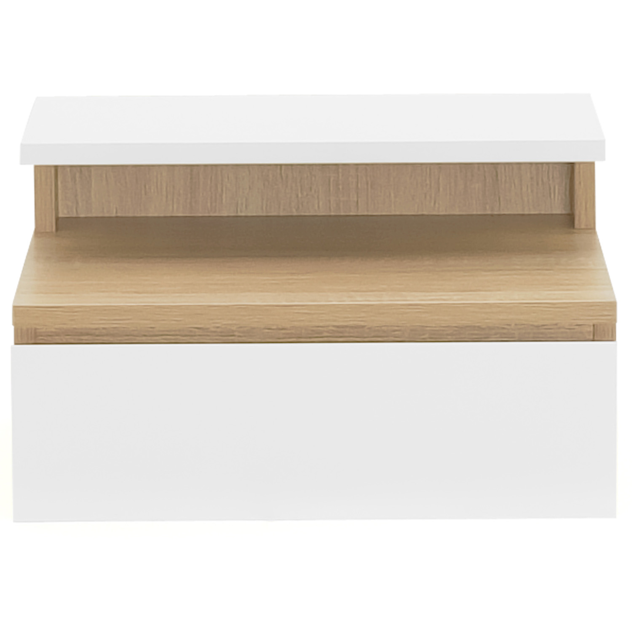 Voir la diapositive 3 : ID MARKET Lot de 2 tables de chevet murales tomi 1 tiroir + 1 tablette étagère suspendue + 1 tablette façon hêtre et blanc
