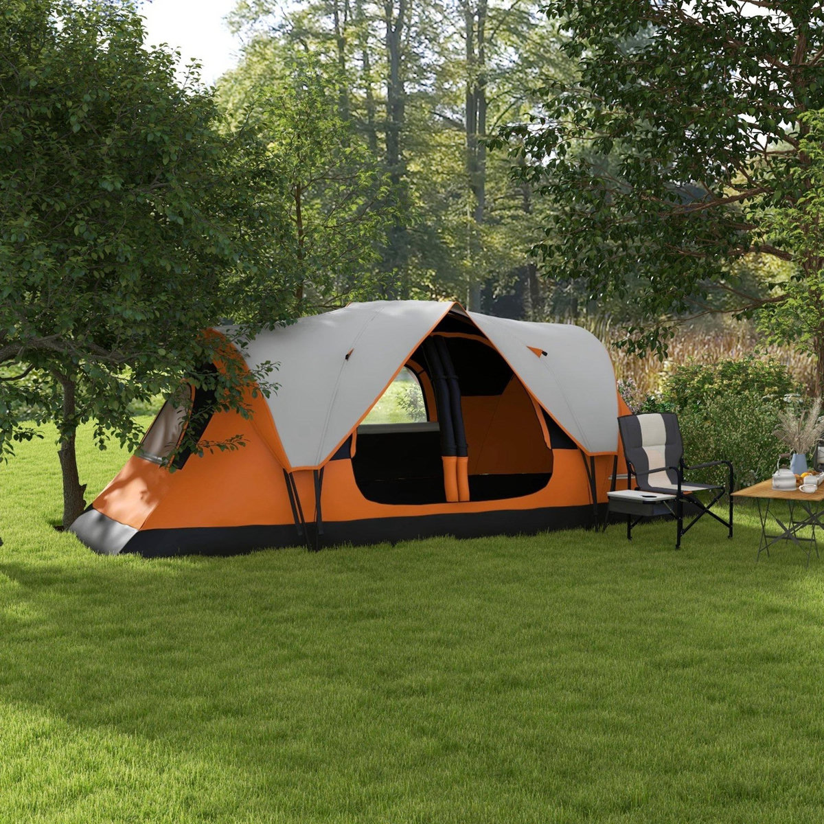 OUTSUNNY Tente de camping familiale 6-8 pers. double toit étanche 2 000 mm moustiquaire sac de tranport orange