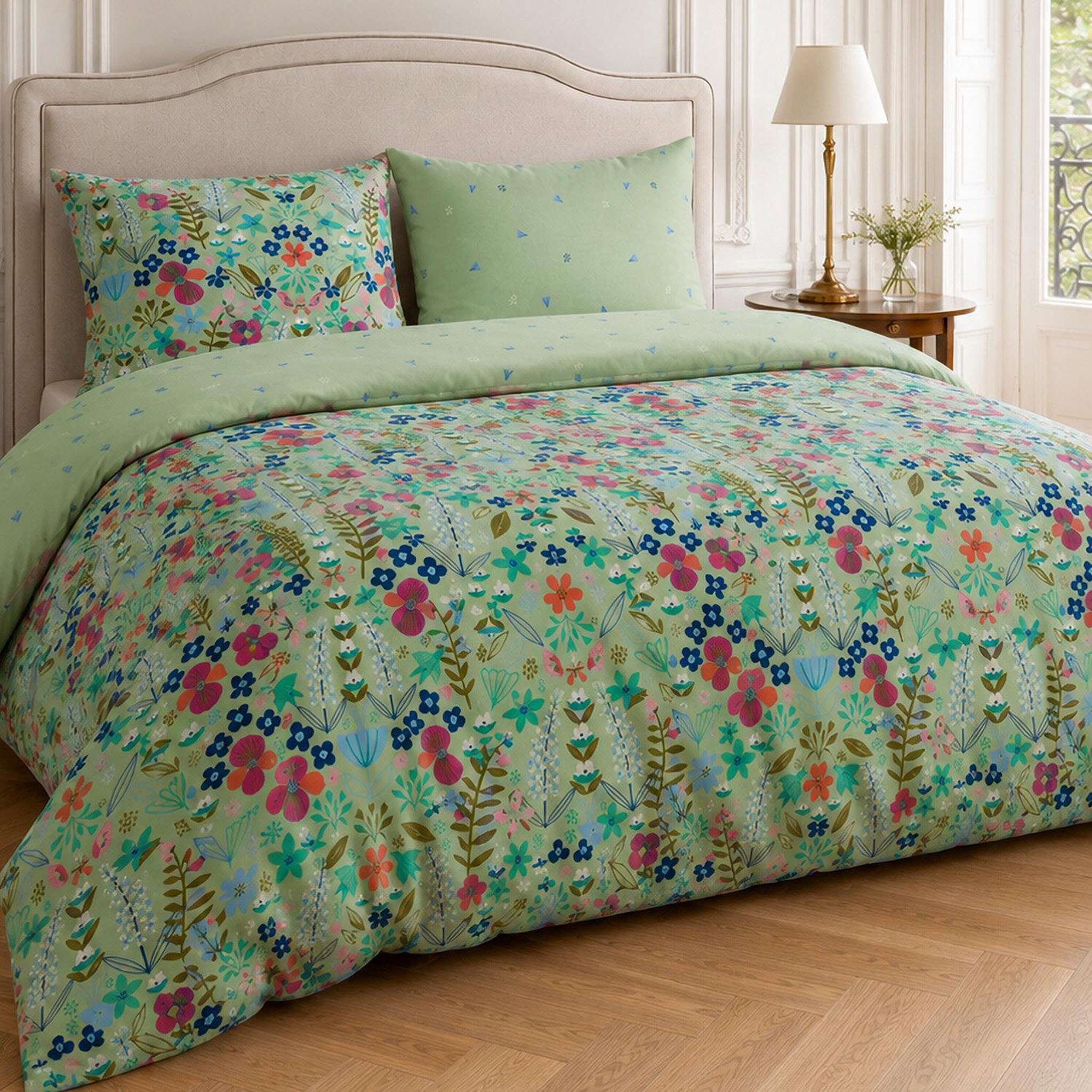 Voir la diapositive 2 : Home collection Parure housse de couette imprimée 100% coton percale 80 fils - playful floral